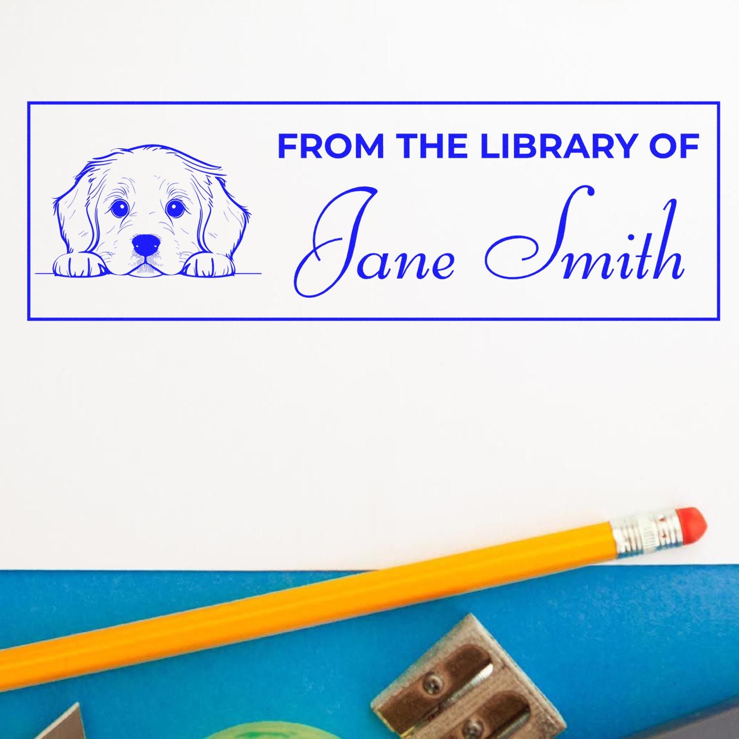 Personalized dog library stamp with From the Library of Jane Smith for custom book labeling.