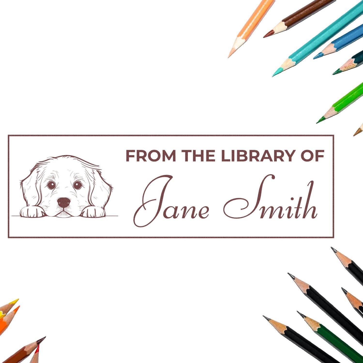 Custom ex libris rubber stamp with puppy illustration and From the Library of Jane Smith text for personalized library books.