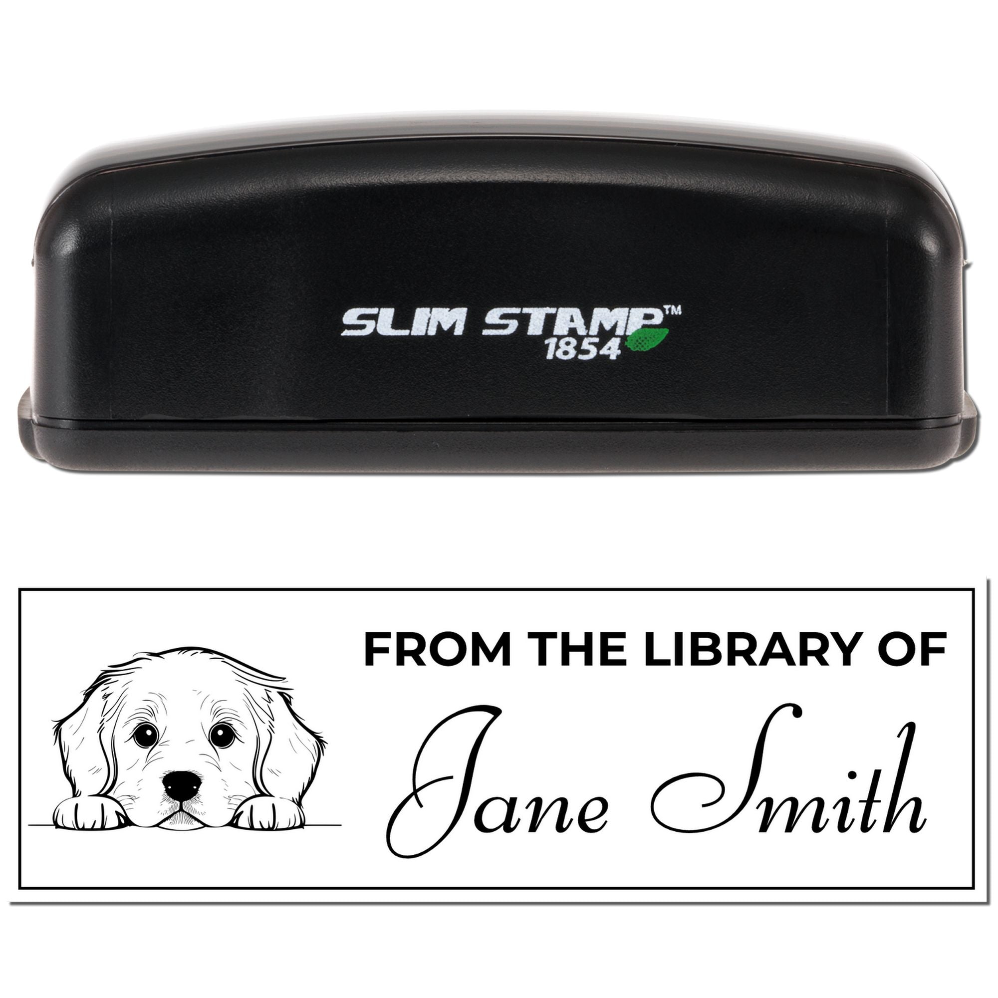 Personalized self-inking rubber stamp with puppy bookplate, reading From the Library of Jane Smith.