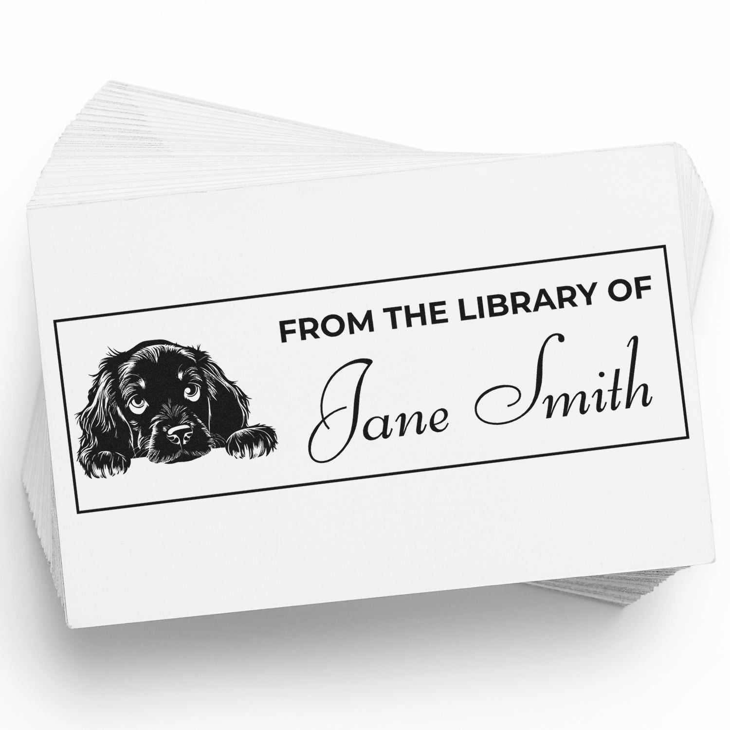Personalized dog library rubber stamp reading From the Library of Jane Smith for custom book plates and book lover gifts.