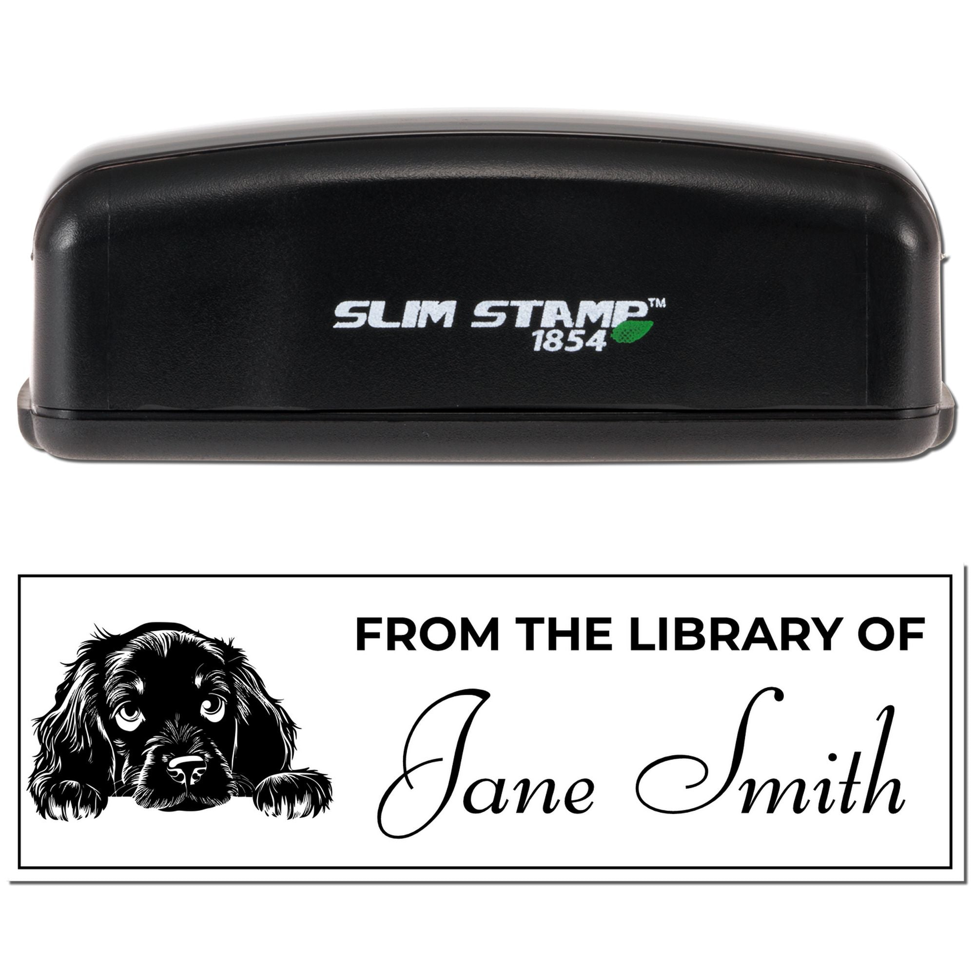 Slim Stamp 1854 custom library rubber stamp with dog illustration and From the library of Jane Smith return imprint