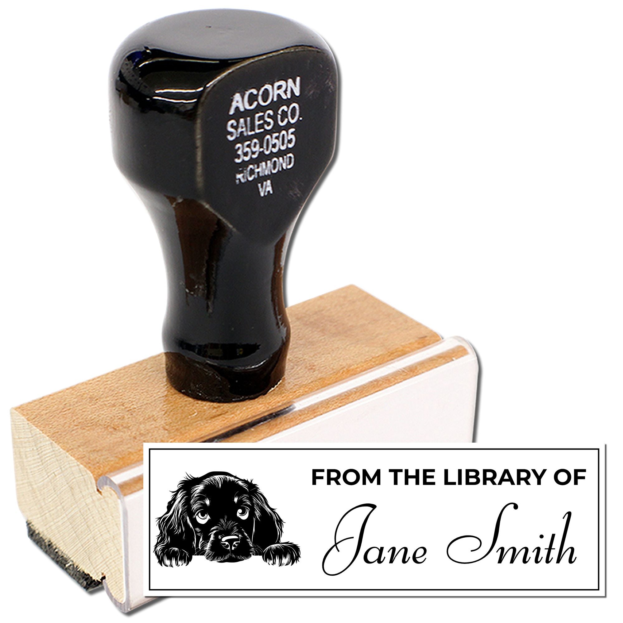 Custom library book rubber stamp with dog design and personalized From the Library of Jane Smith text.