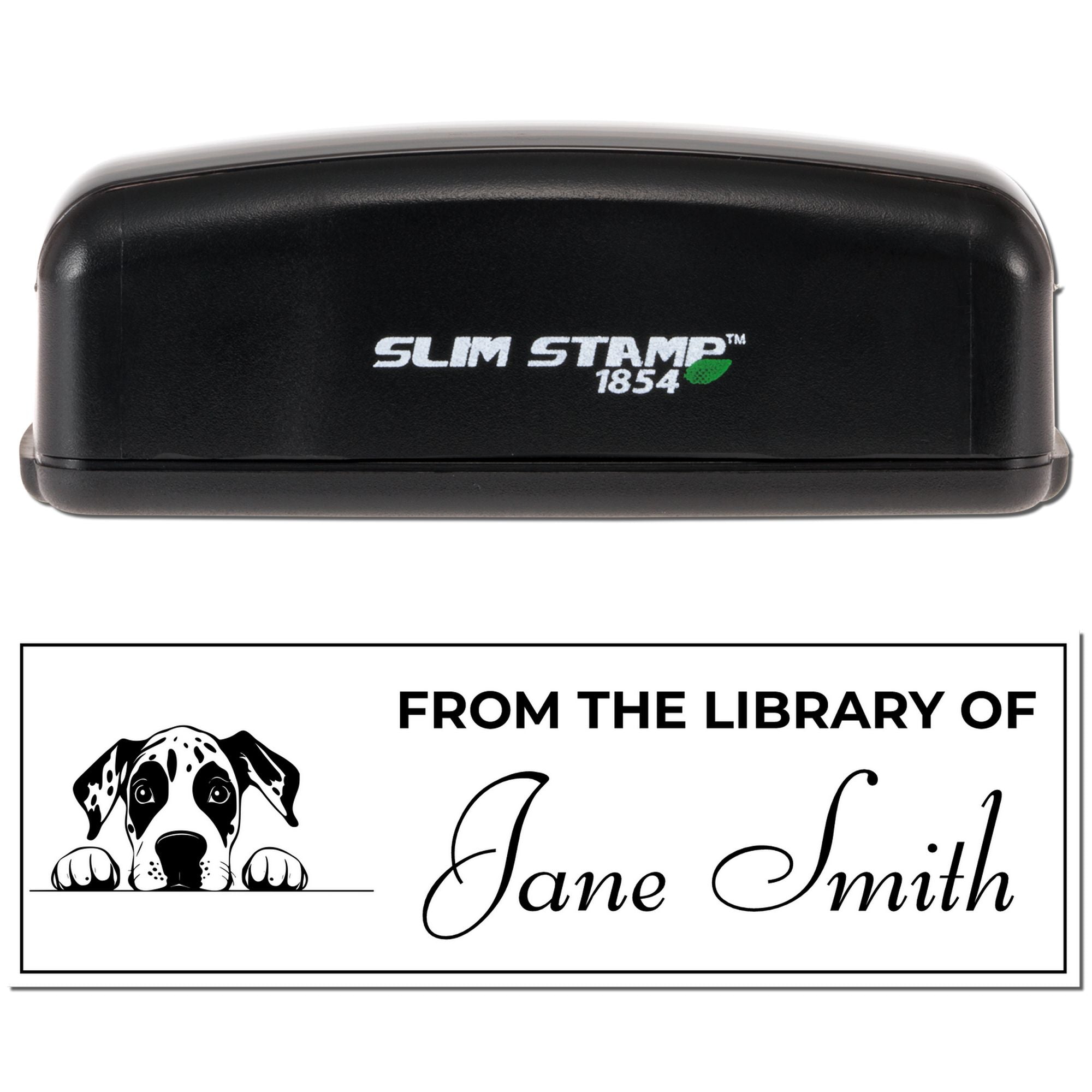 Custom Slim Stamp 1854 self-inking rubber stamp for personalized bookplates, featuring From the Library of Jane Smith with dog design.
