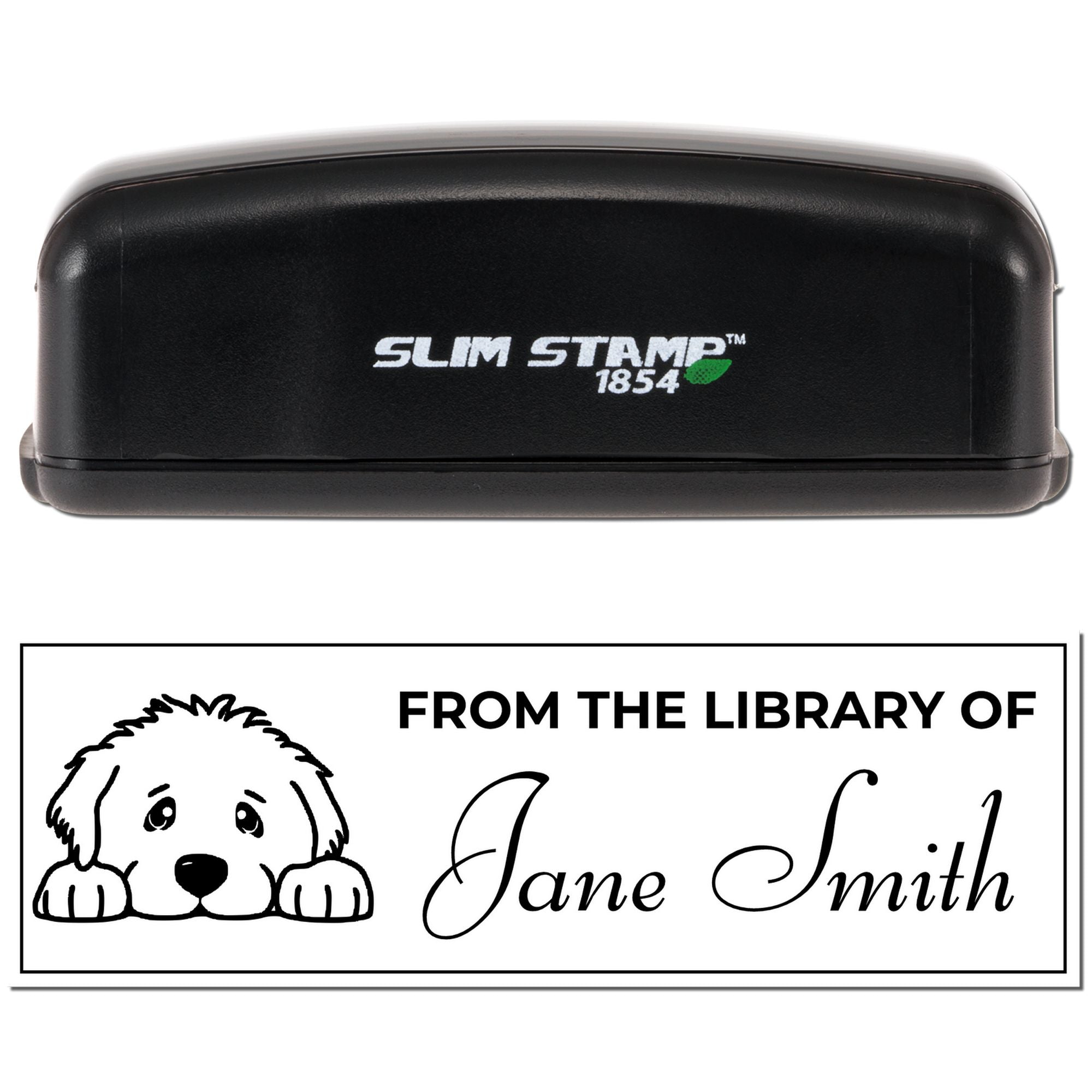 Custom self-inking rubber stamp for libraries featuring dog illustration and From the Library of Jane Smith bookplate text.