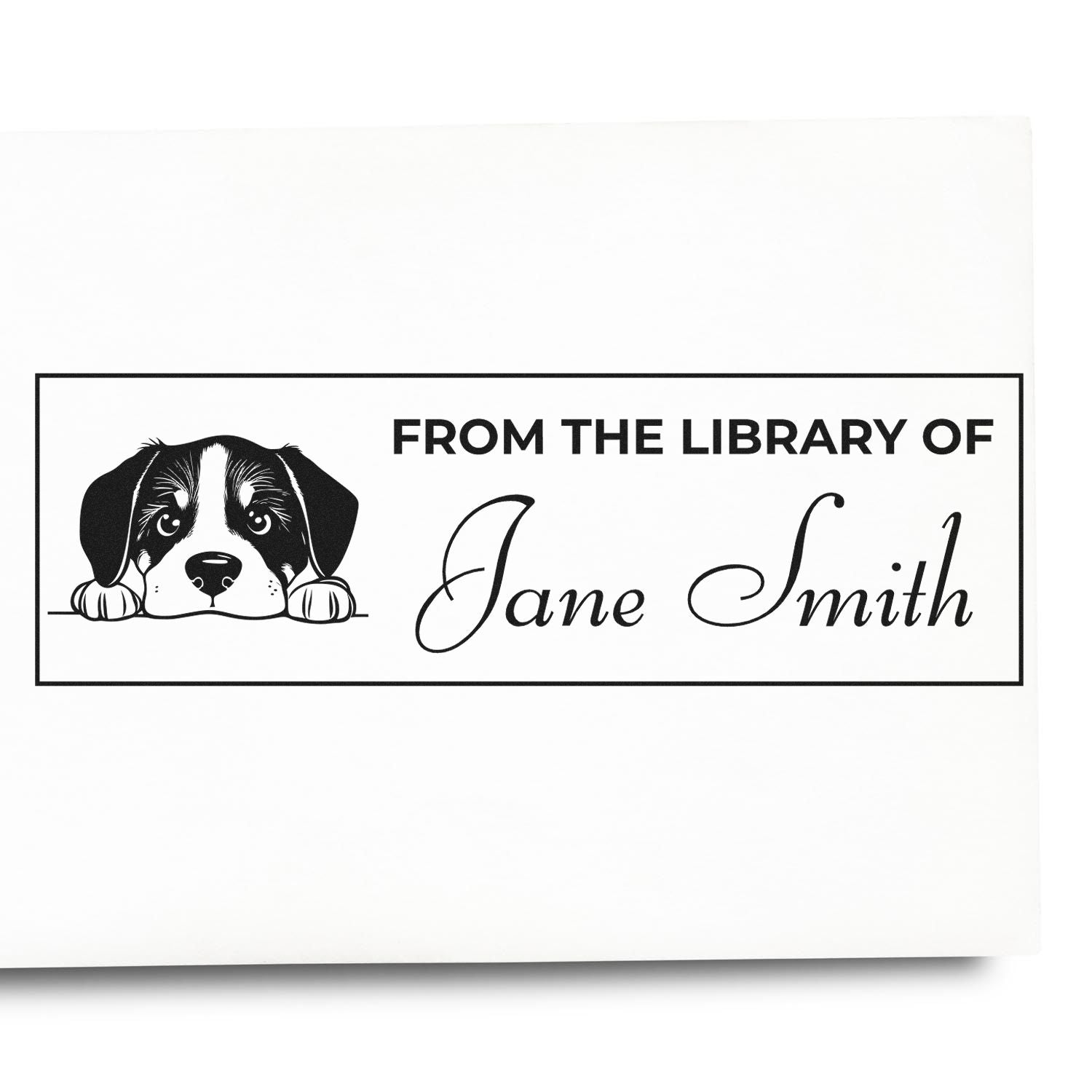 Personalized From the Library of Jane Smith rubber stamp with dog illustration for books, gifts, and book lovers.