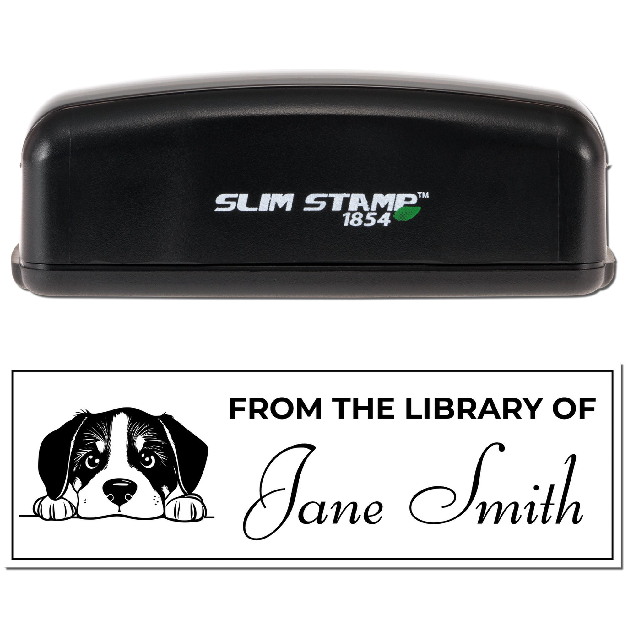 Slim Stamp 1854 rubber stamp with custom bookplate design and dog illustration for personalized From the Library of Jane Smith marking.