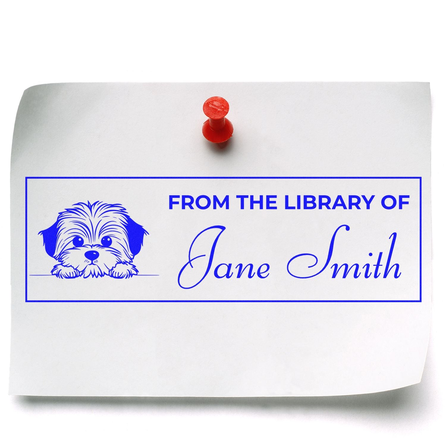 Custom dog bookplate rubber stamp reading From the Library of Jane Smith for personalized home library books.