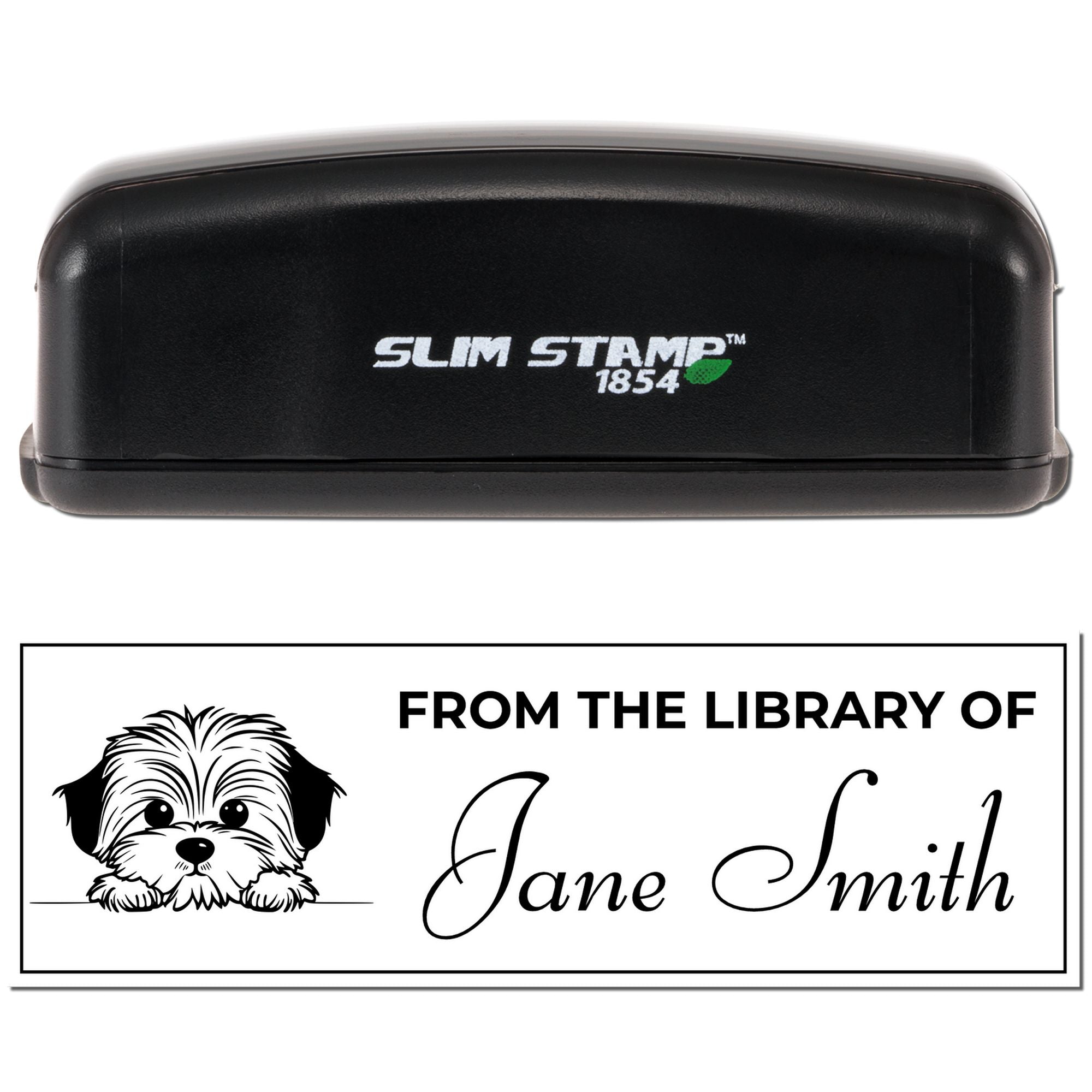 Custom self-inking rubber stamp with personalized library book stamp design for Jane Smith, featuring a dog.