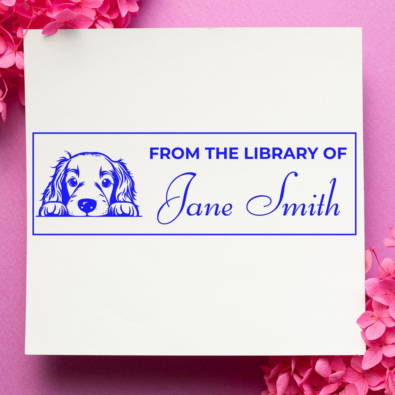 Custom dog library rubber stamp reading From the Library of Jane Smith for personal books and bookplates.