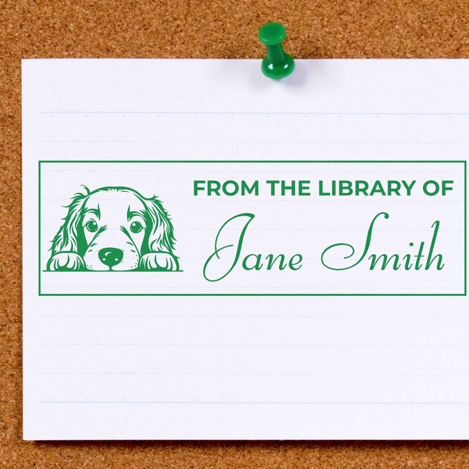 Custom dog bookplate rubber stamp reading From the Library of Jane Smith for personalized library books.