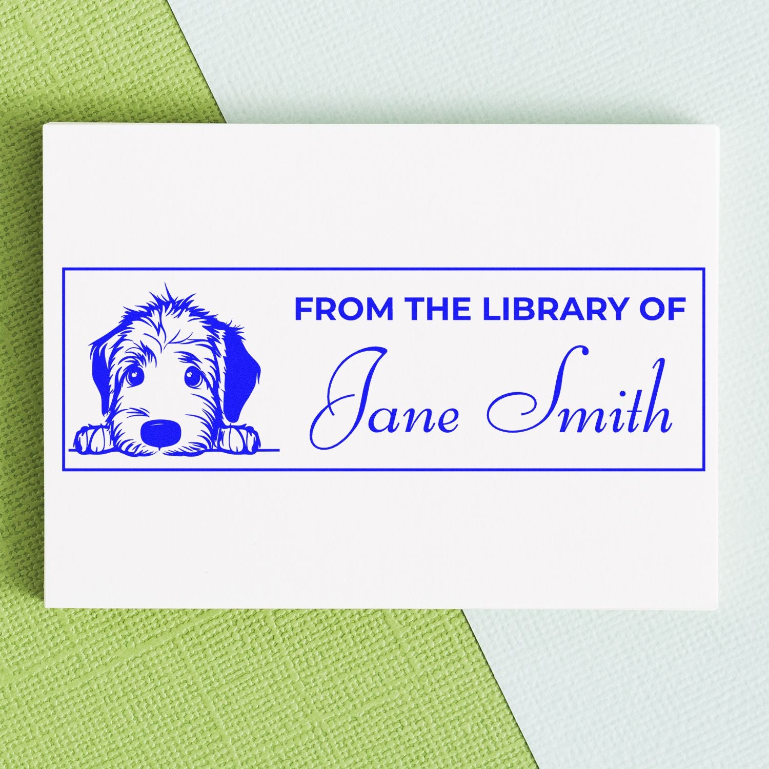 Custom dog library rubber stamp with From the Library of Jane Smith for personalized bookplates and book collection marking.