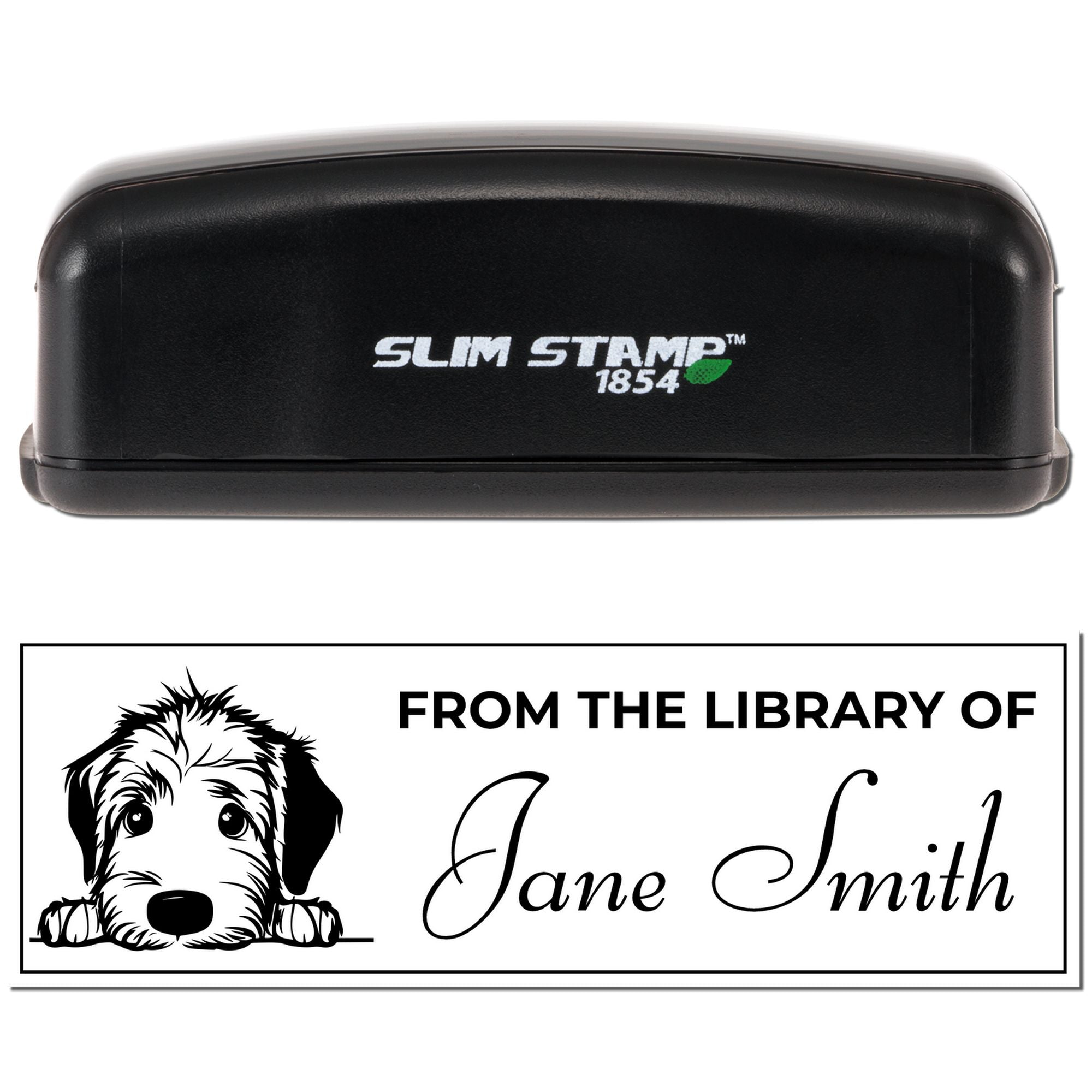 Custom self-inking book rubber stamp with From the Library of Jane Smith dog bookplate design for personal library use.