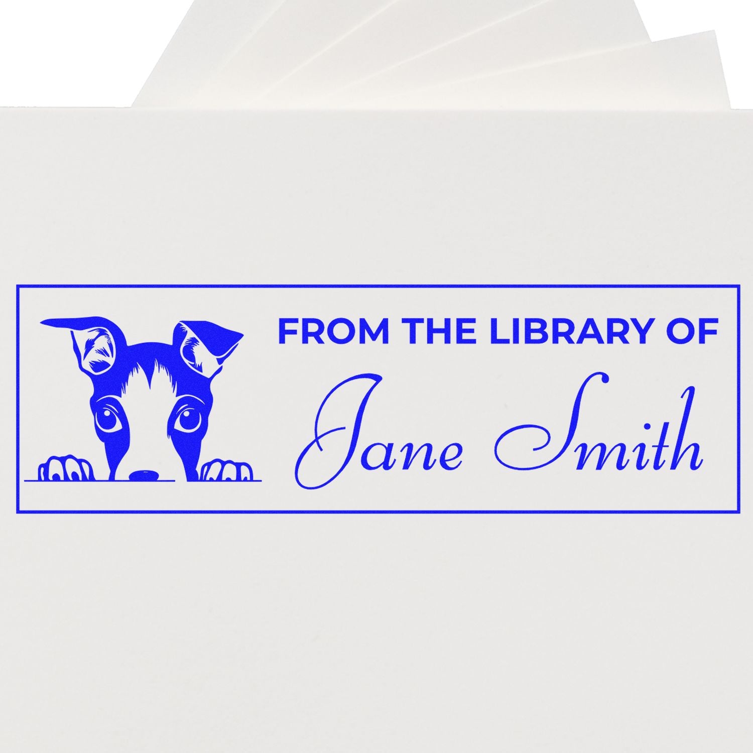 Custom rubber stamp for books reading From the Library of Jane Smith with a dog illustration, ideal for personal libraries.