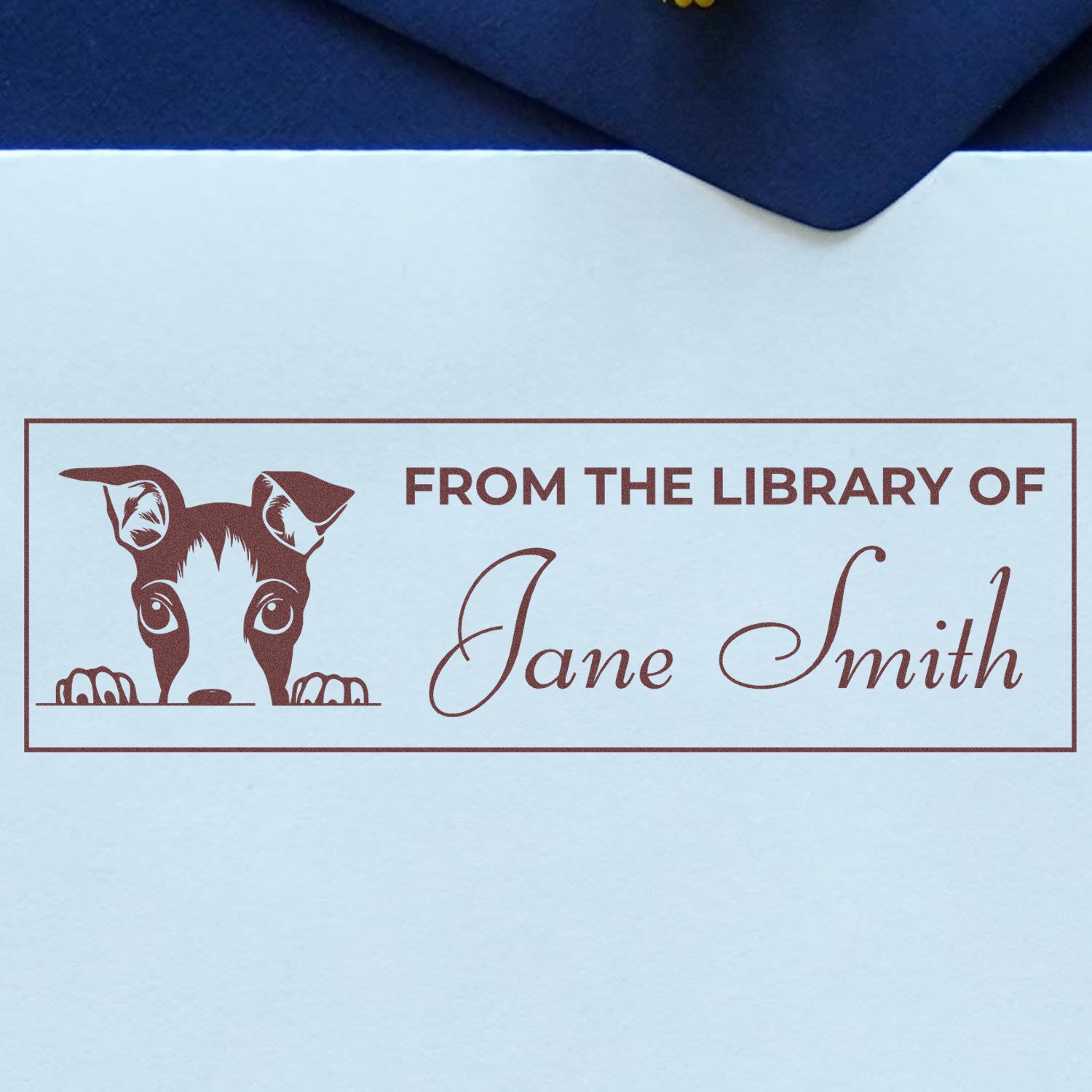 Personalized from the Library of Jane Smith rubber stamp with peeking dog design for books, stationery, and custom bookplates
