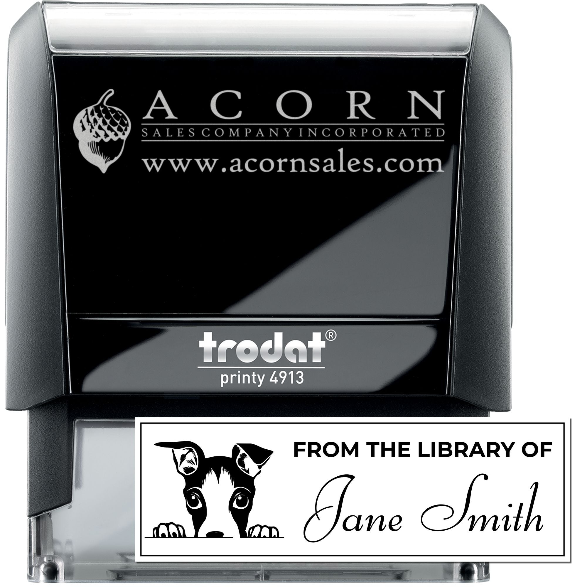 Custom self-inking rubber stamp showing Acorn Sales logo and a personalized From the Library of Jane Smith imprint.