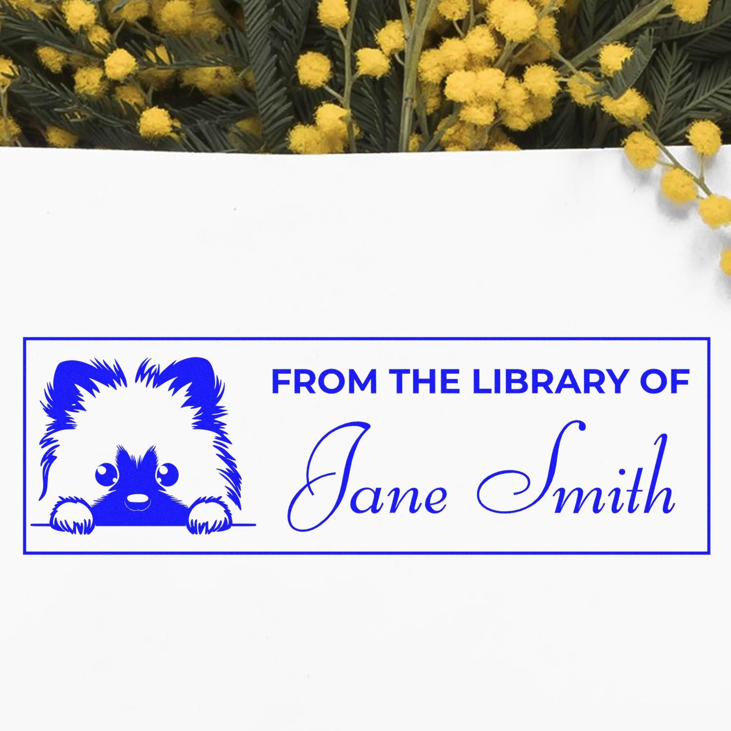 Custom library rubber stamp with puppy illustration and name Jane Smith for personalized book ownership.