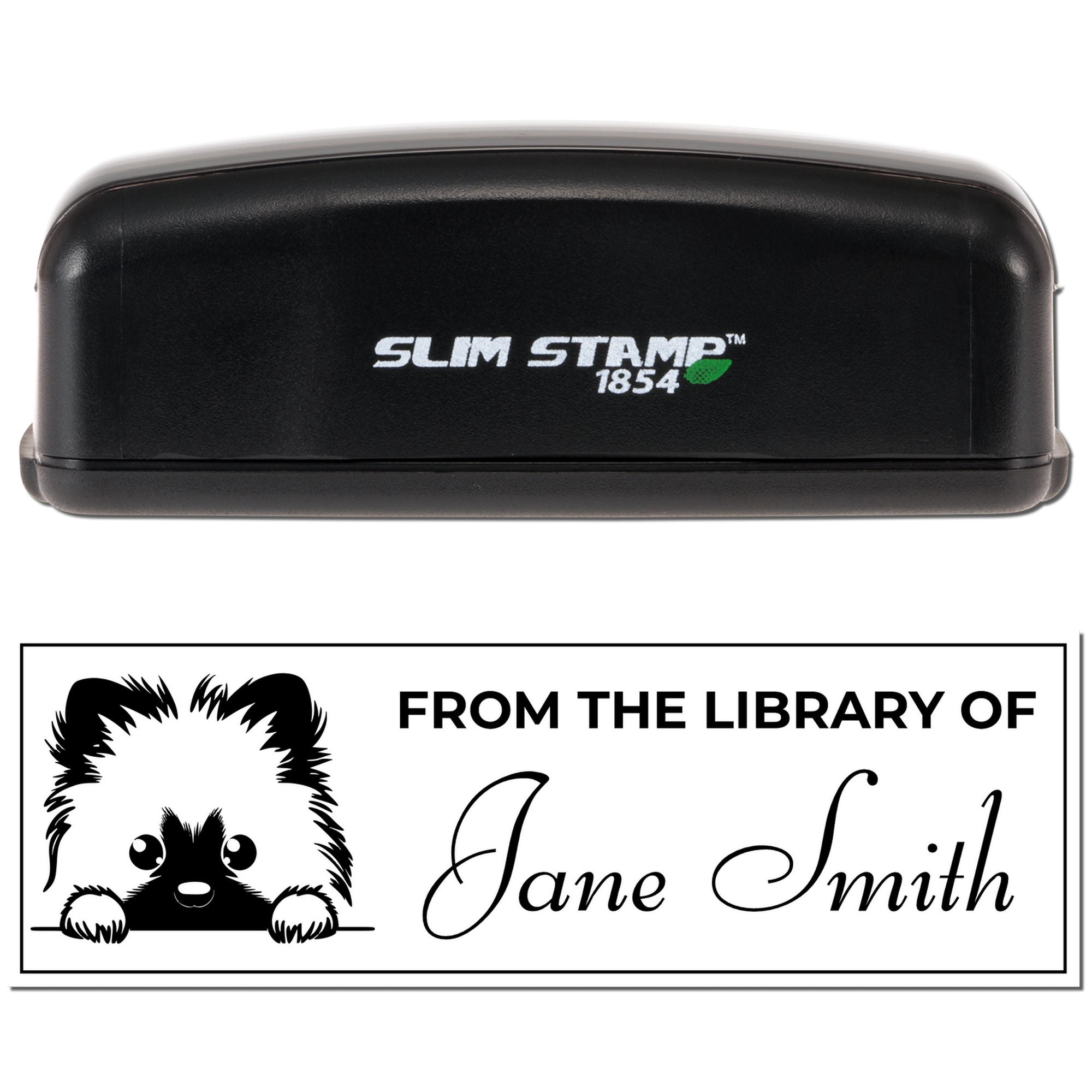 Personalized self-inking rubber stamp for books, featuring dog artwork and From the Library of Jane Smith return label.