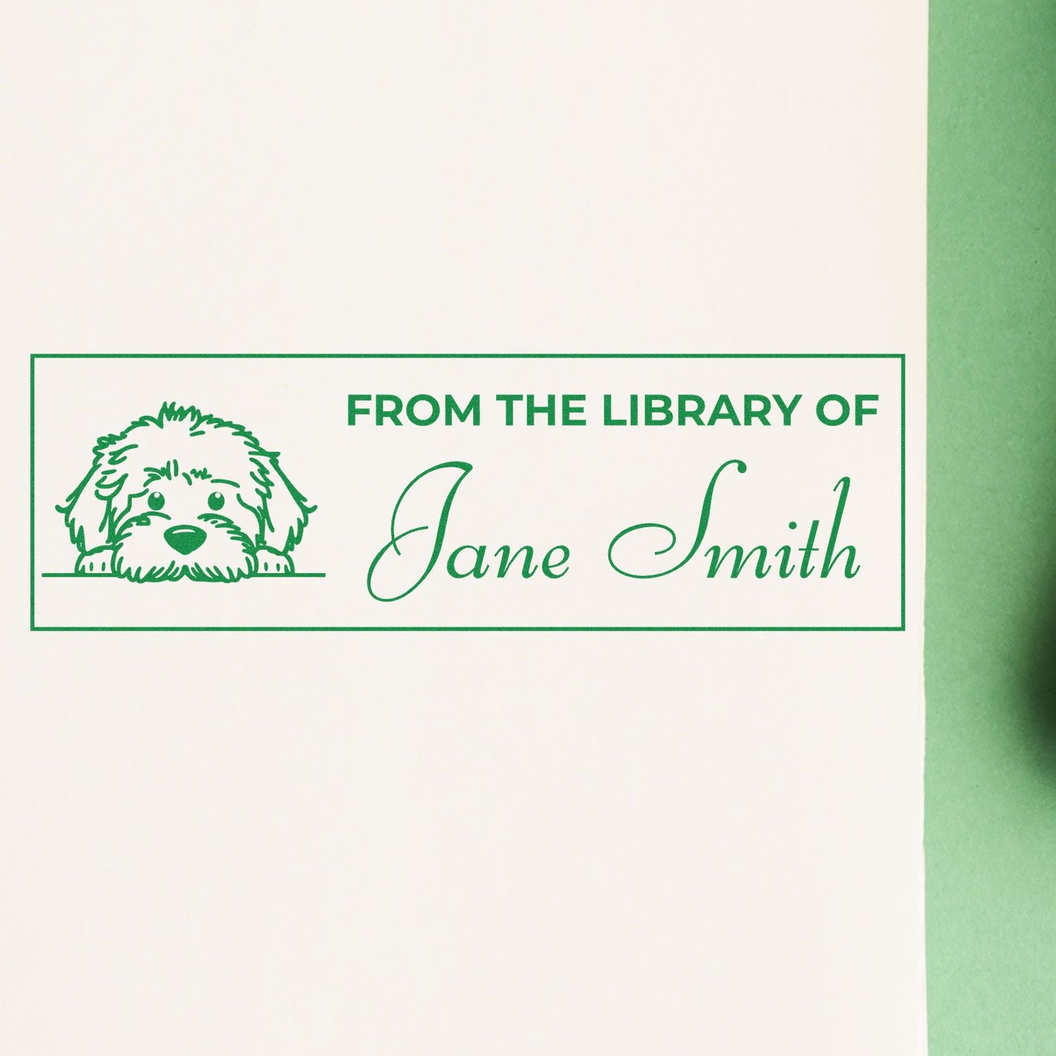 Custom rubber stamp for books: From the Library of Jane Smith with dog illustration, perfect personalized bookplate.