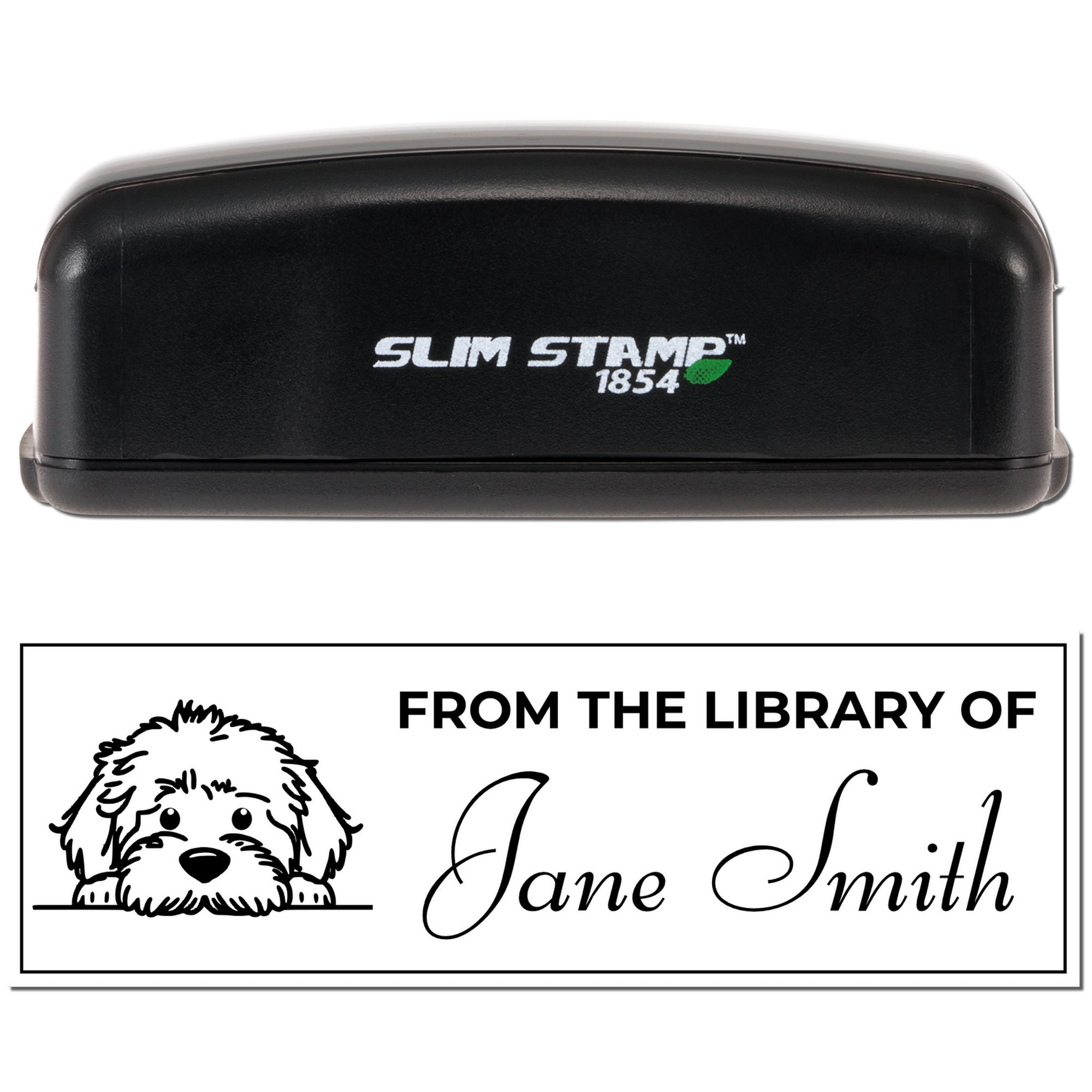 Slim Stamp 1854 self-inking rubber stamp with personalized library bookplate design for Jane Smith and dog illustration.