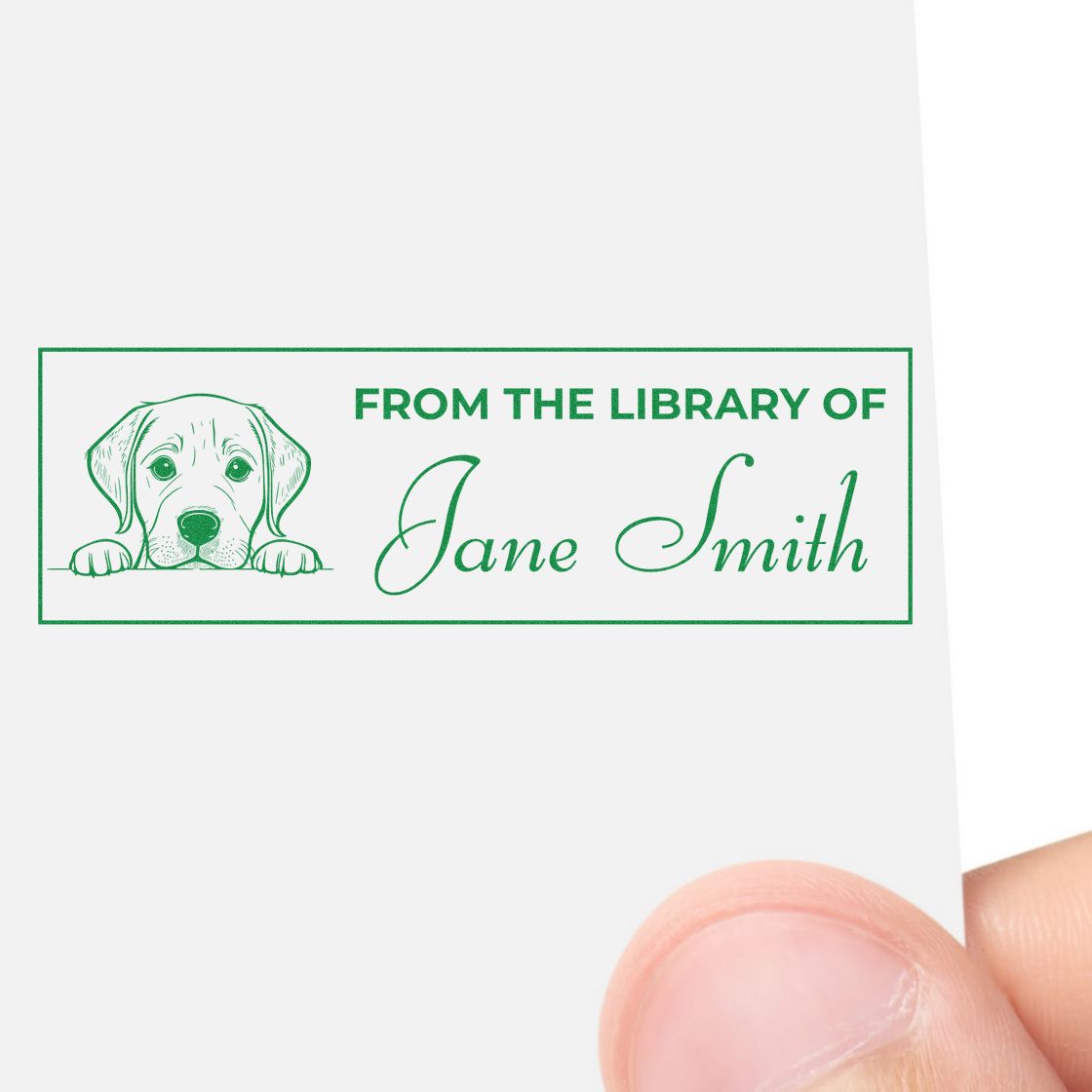 Custom dog bookplate rubber stamp with From the Library of Jane Smith text for personal library books.