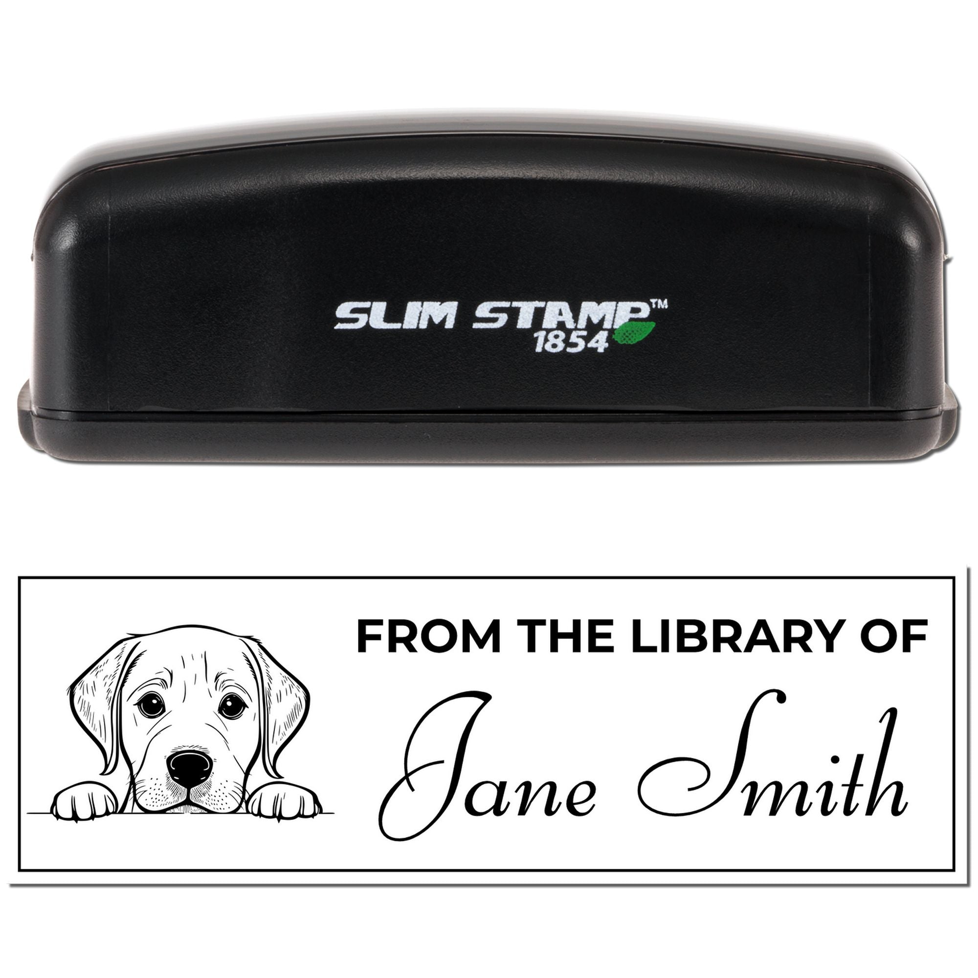Self-inking personalized library rubber stamp with dog design and custom From the Library of Jane Smith text