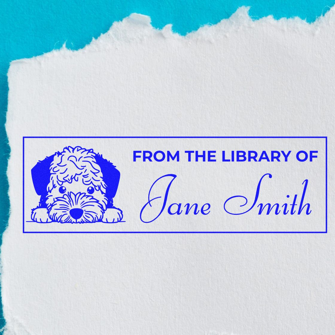 Custom rubber book stamp with puppy design and From the Library of Jane Smith for personal library books.
