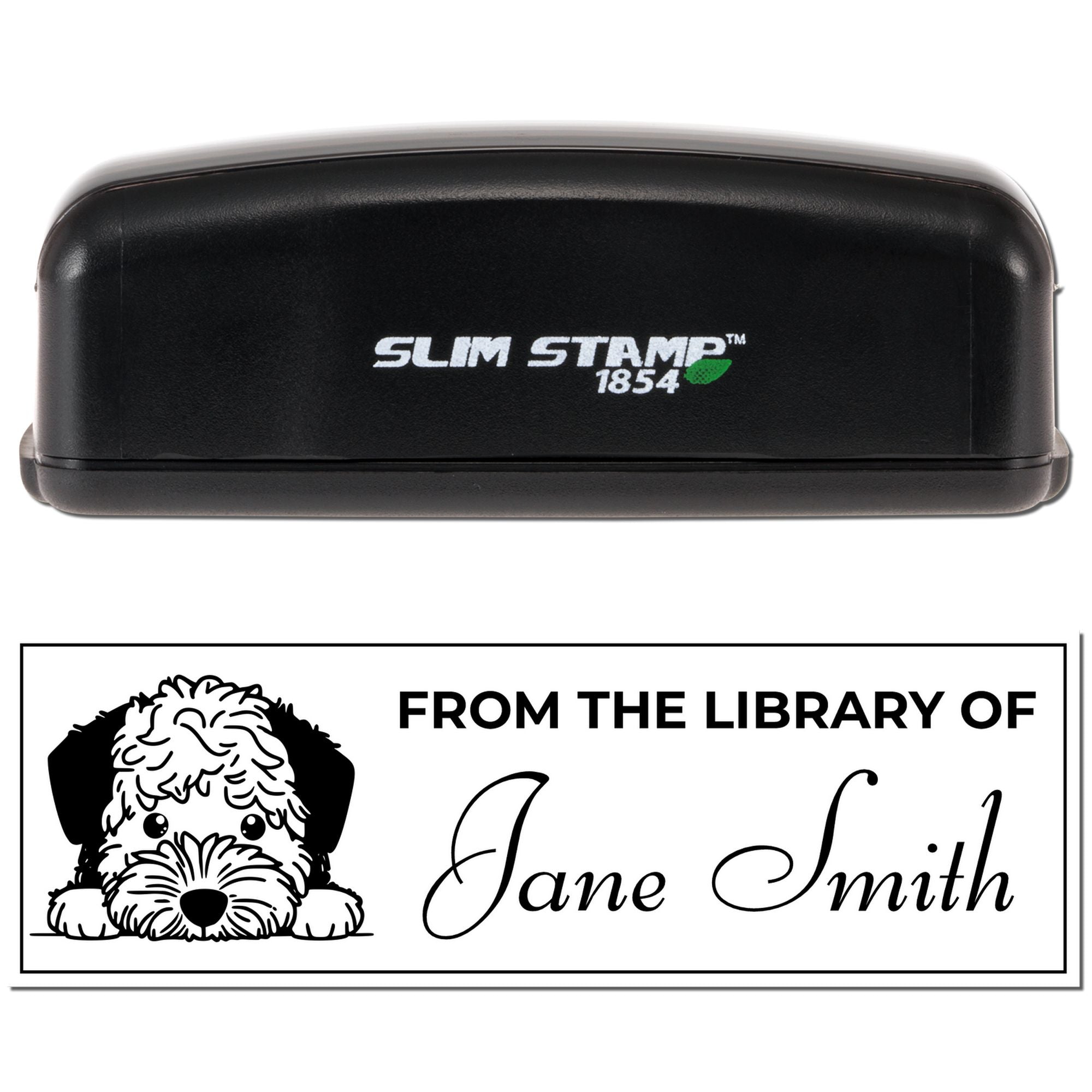 Slim Stamp 1854 custom library rubber stamp with dog design and personalized From the Library of Jane Smith imprint.