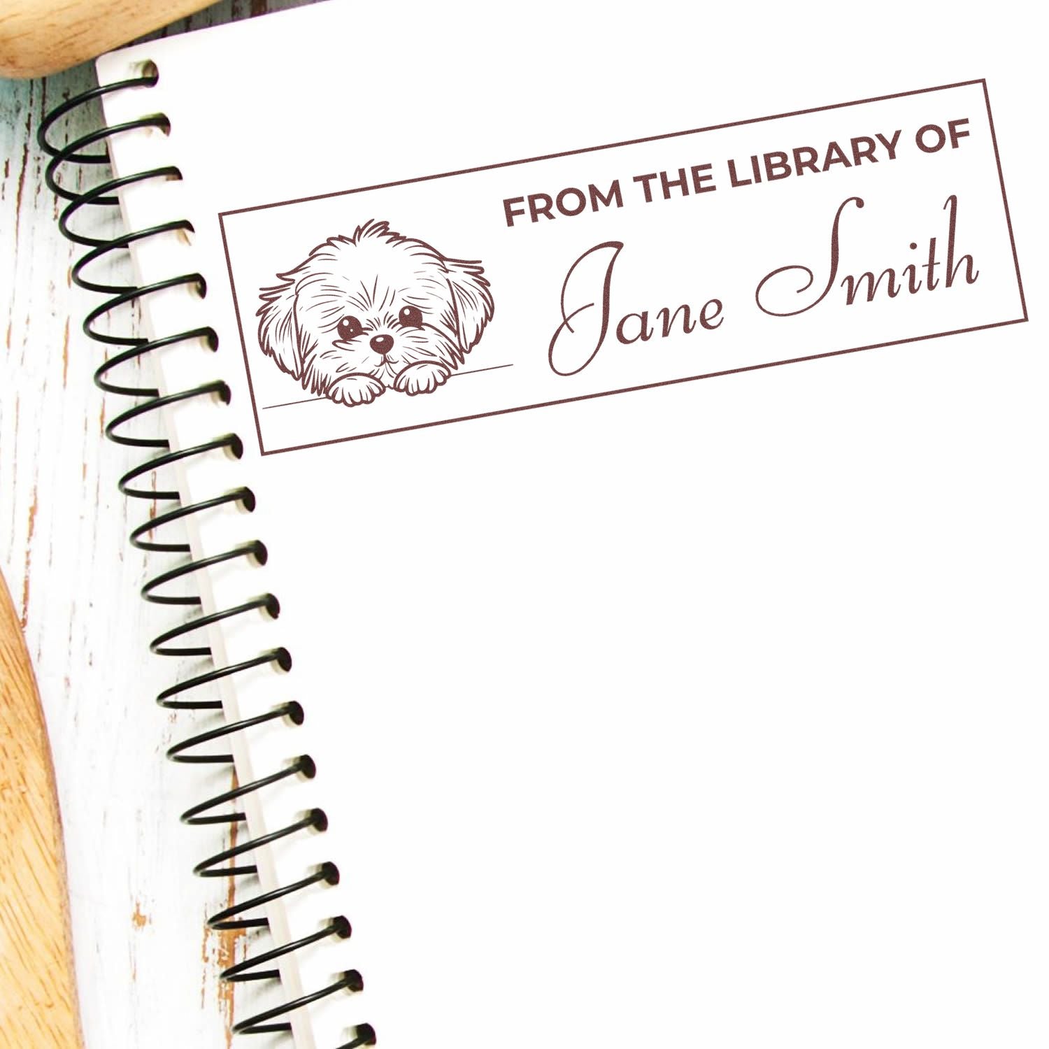 Custom library rubber stamp with dog illustration and personalized name, From the Library of Jane Smith, for book owners.