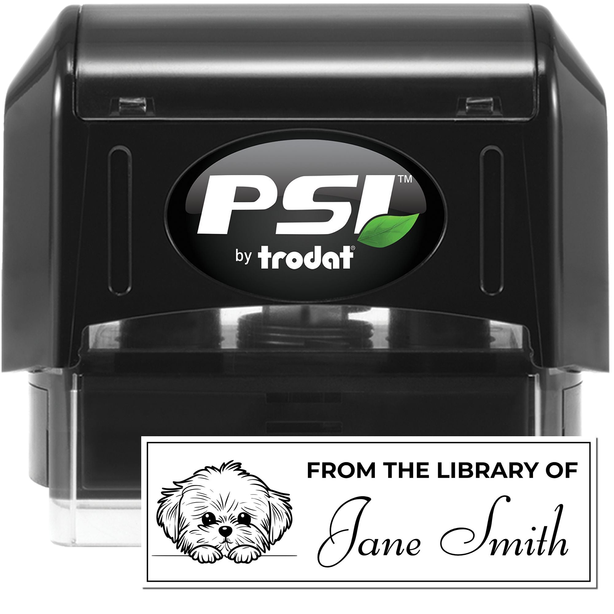 PSI by Trodat self-inking rubber stamp for custom library labels, shown with a From the Library of Jane Smith imprint.