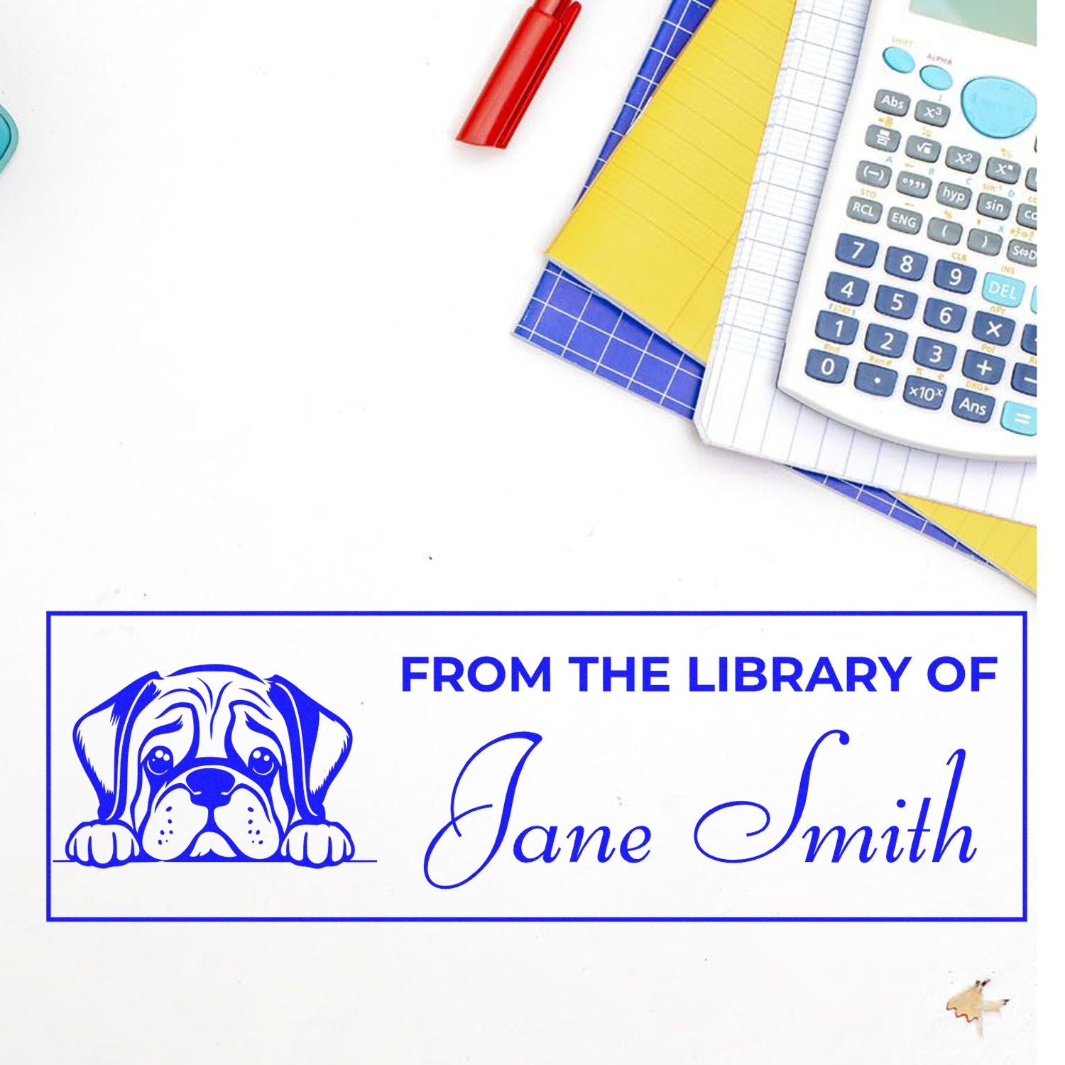 Custom rubber stamp with dog illustration and From the Library of Jane Smith text for personalized bookplate marking.