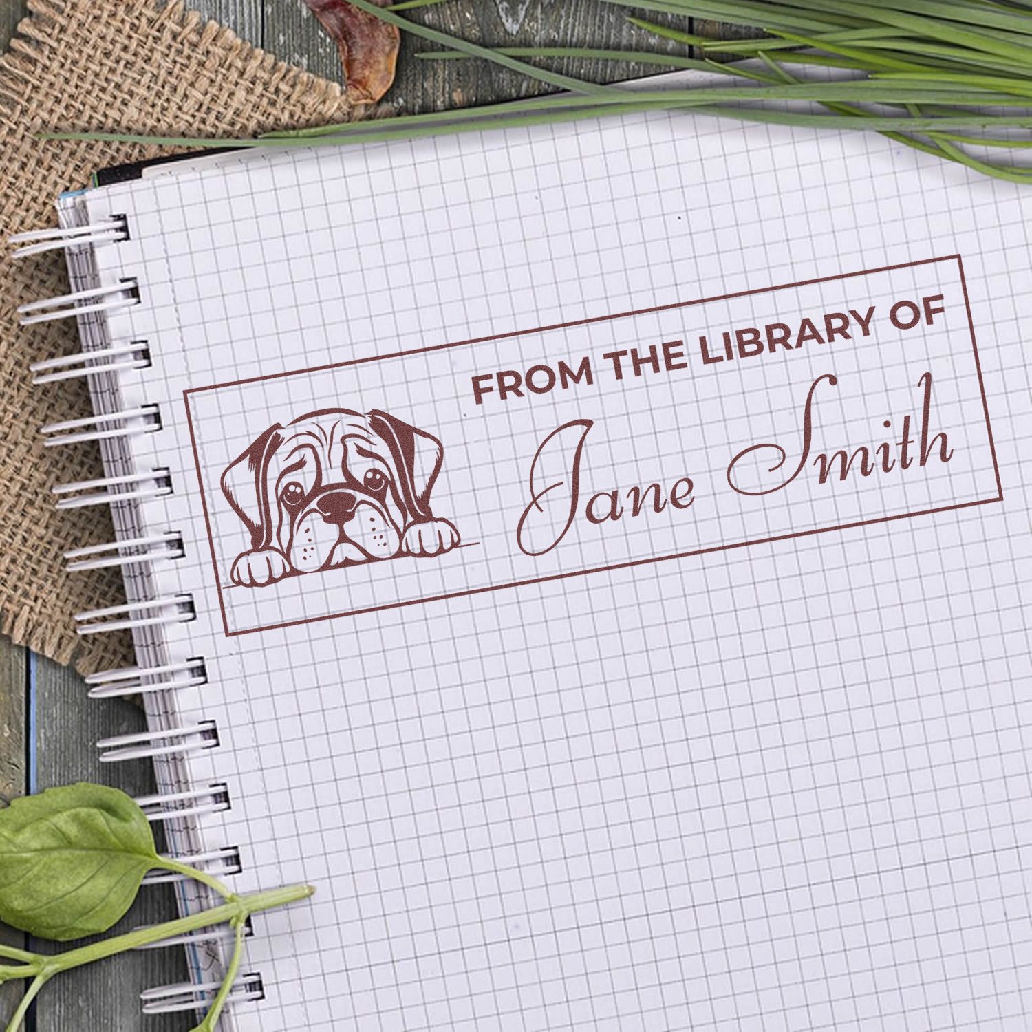 Custom ex libris rubber stamp with dog design, reading From the Library of Jane Smith for books and notebooks.