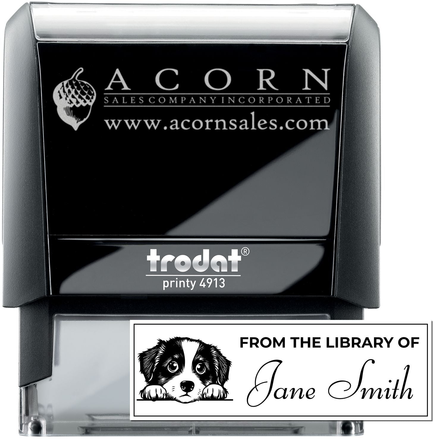 Custom self-inking rubber stamp, Trodat Printy 4913, with personalized logo and library name imprint design