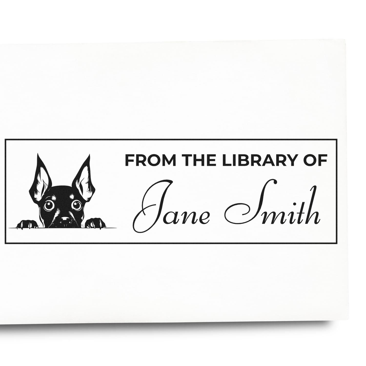 Personalized library rubber stamp with peeking dog and name Jane Smith, reading From the Library Of.