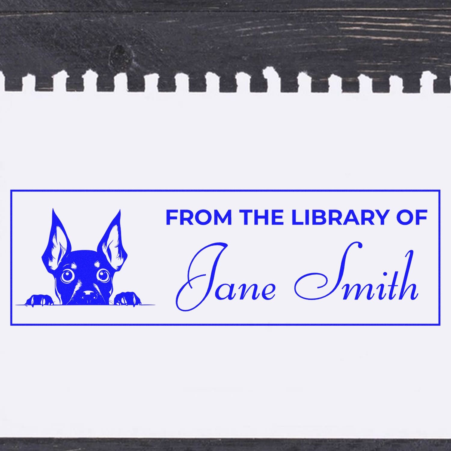 Personalized library rubber stamp with dog illustration and From the Library of Jane Smith text