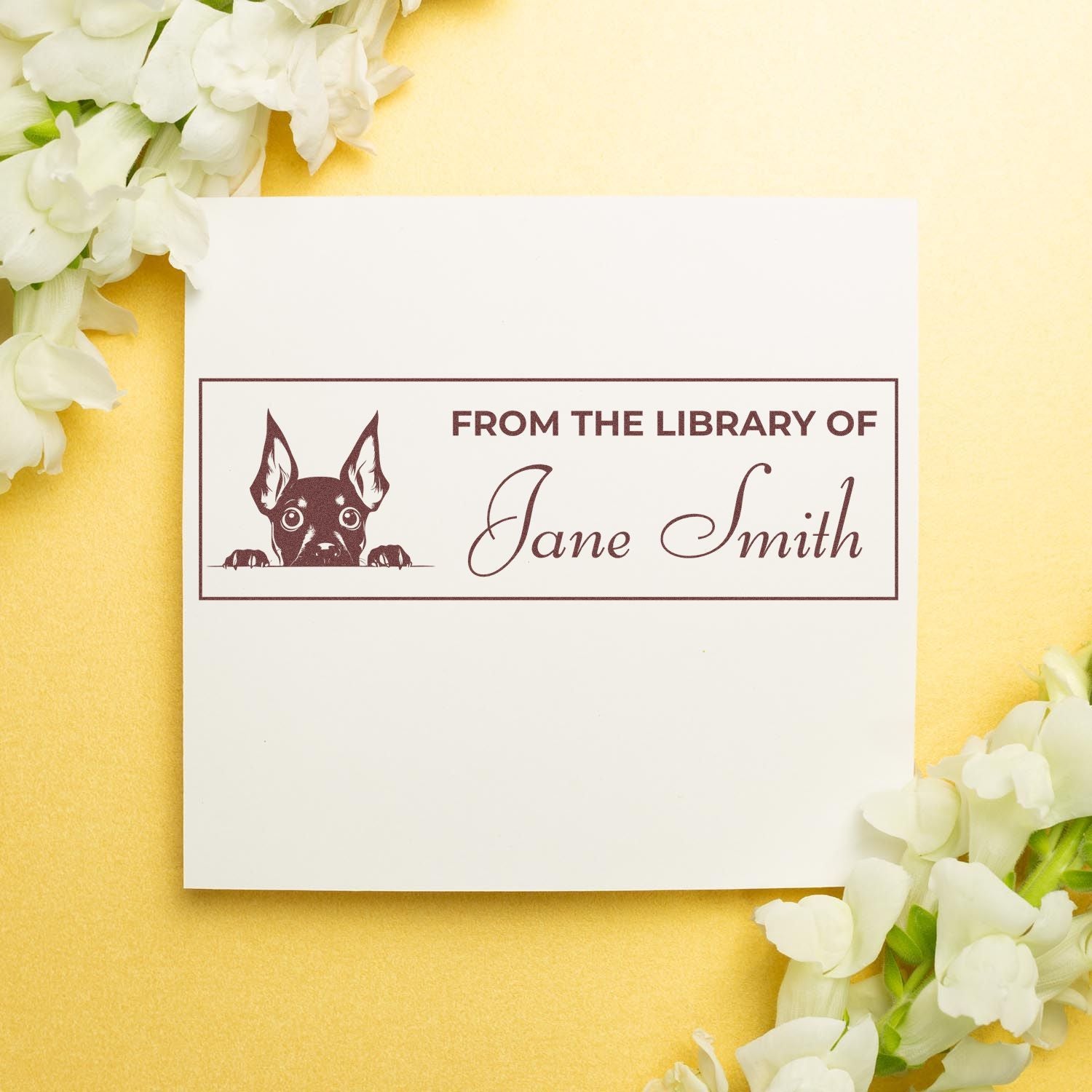 Custom ex libris dog library rubber stamp for Jane Smith books, stationery, and gift marking.