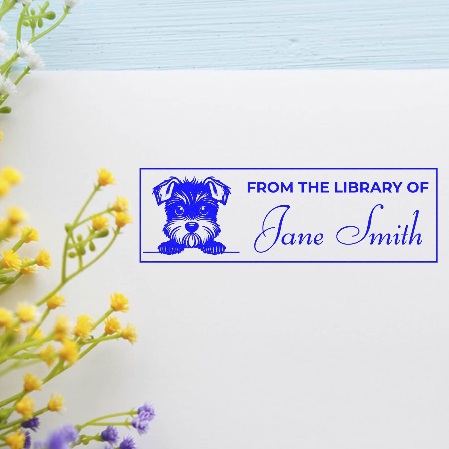 Personalized dog library rubber stamp with From the Library of Jane Smith custom book ownership design.