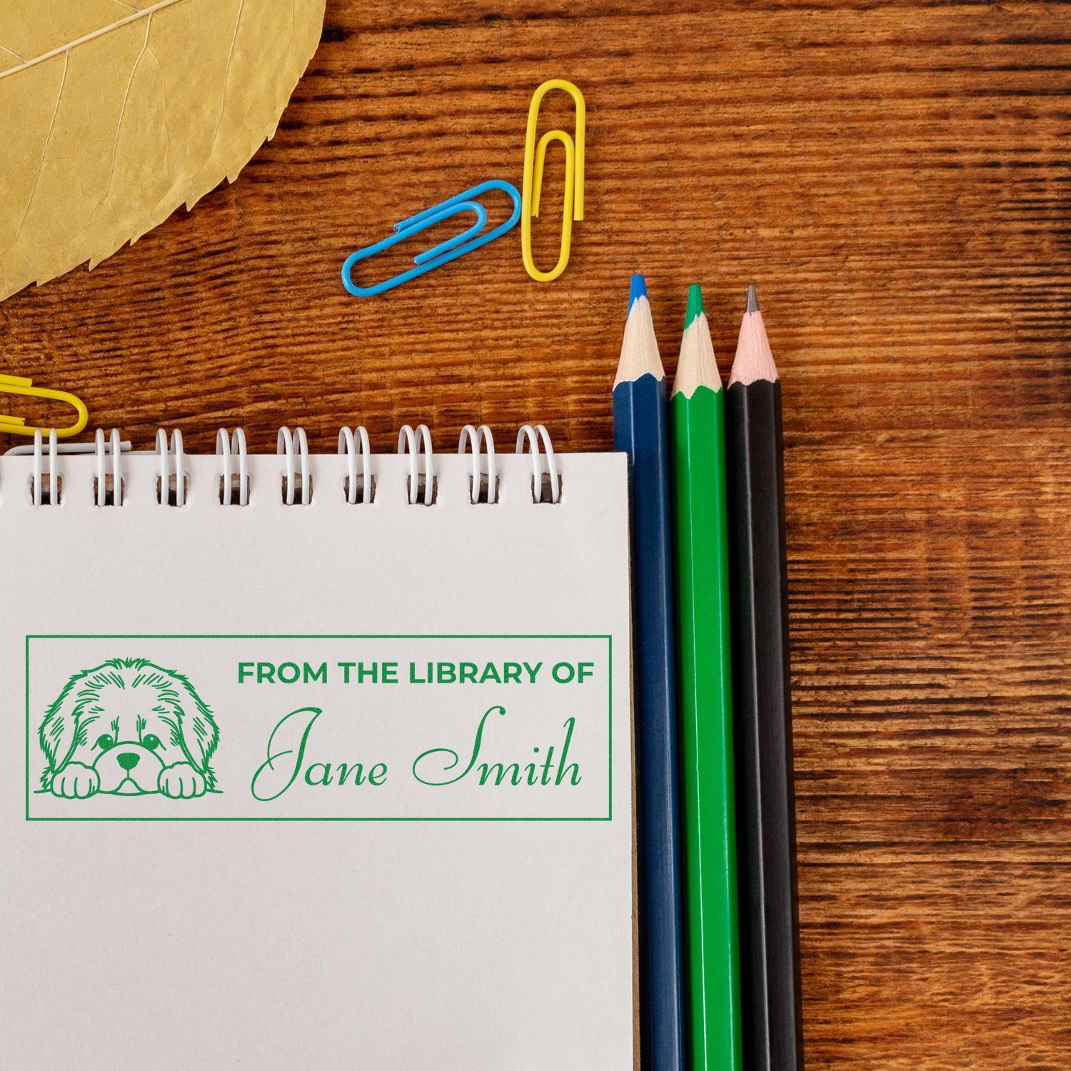 Custom rubber stamp impression reading From the Library of Jane Smith with dog design in a notebook on a wooden desk.