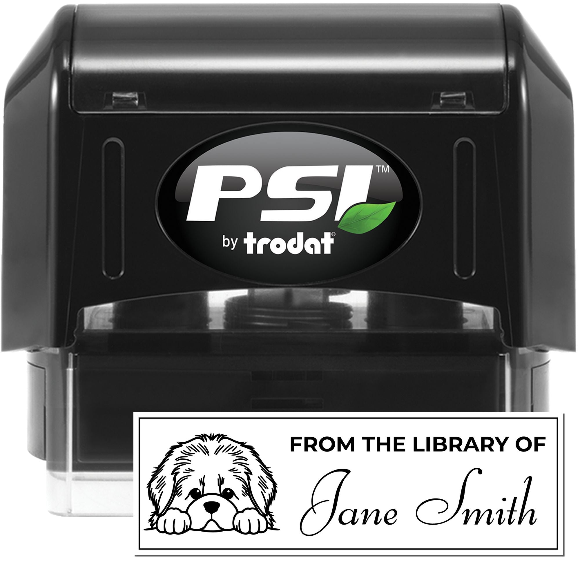 PSI by Trodat self-inking rubber stamp with custom library name stamp for Jane Smith and dog artwork.