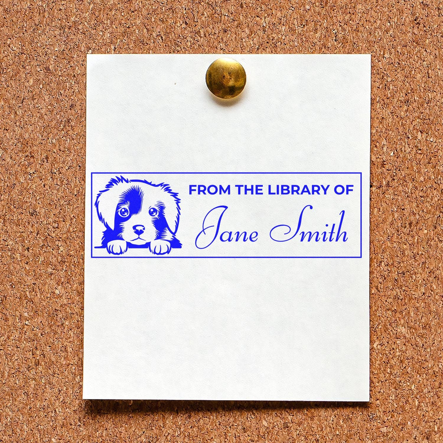 Personalized library book rubber stamp with puppy design and From the Library of Jane Smith text.