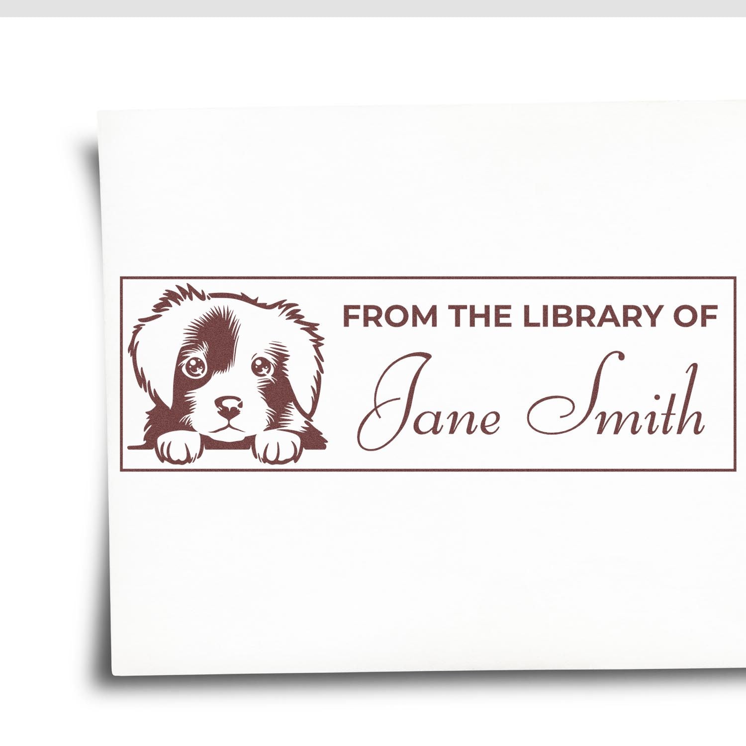 Custom dog book stamp with From the Library of Jane Smith for personal library bookplates and book labeling.
