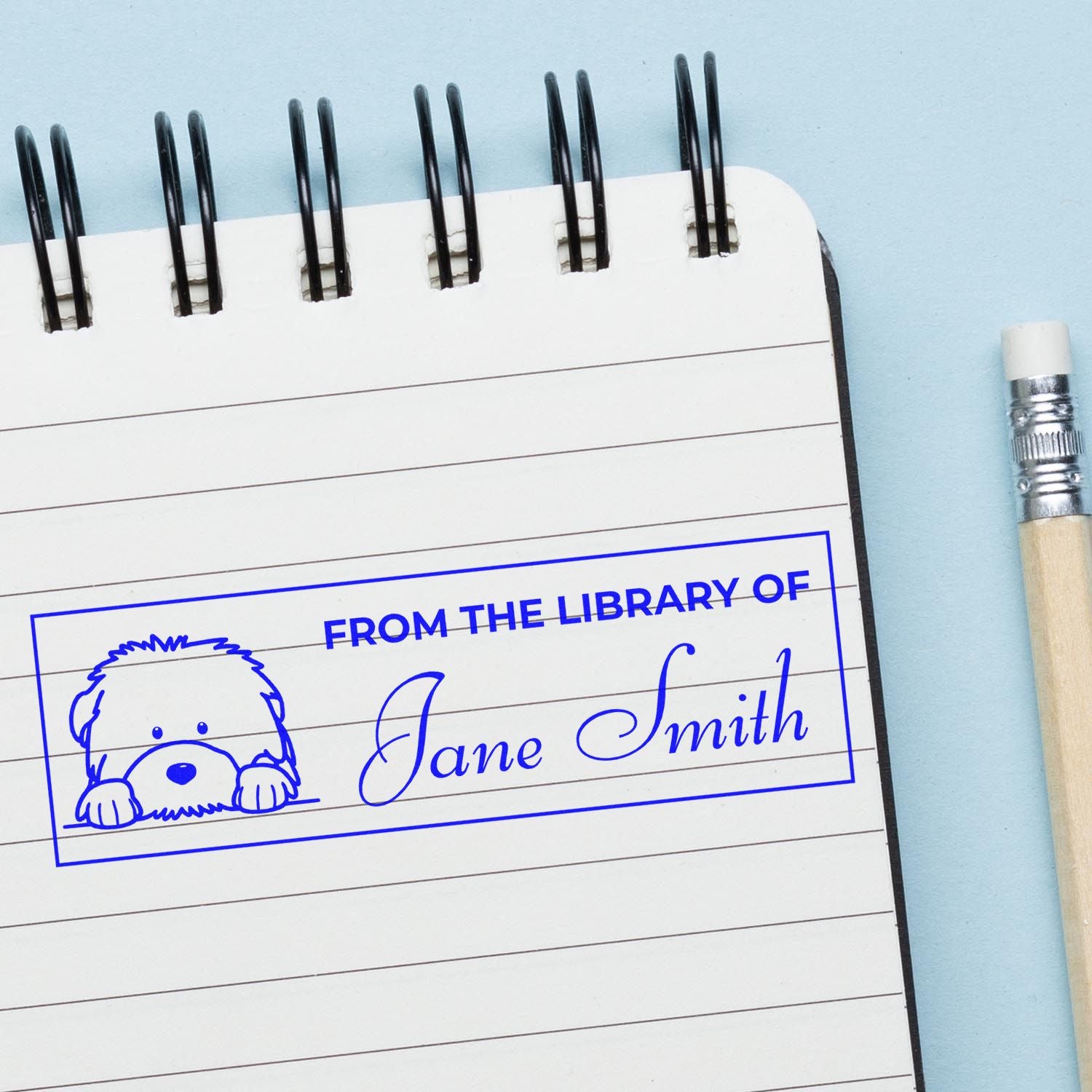 Personalized library rubber stamp with dog bookplate design for Jane Smith books, notebooks, and lending.