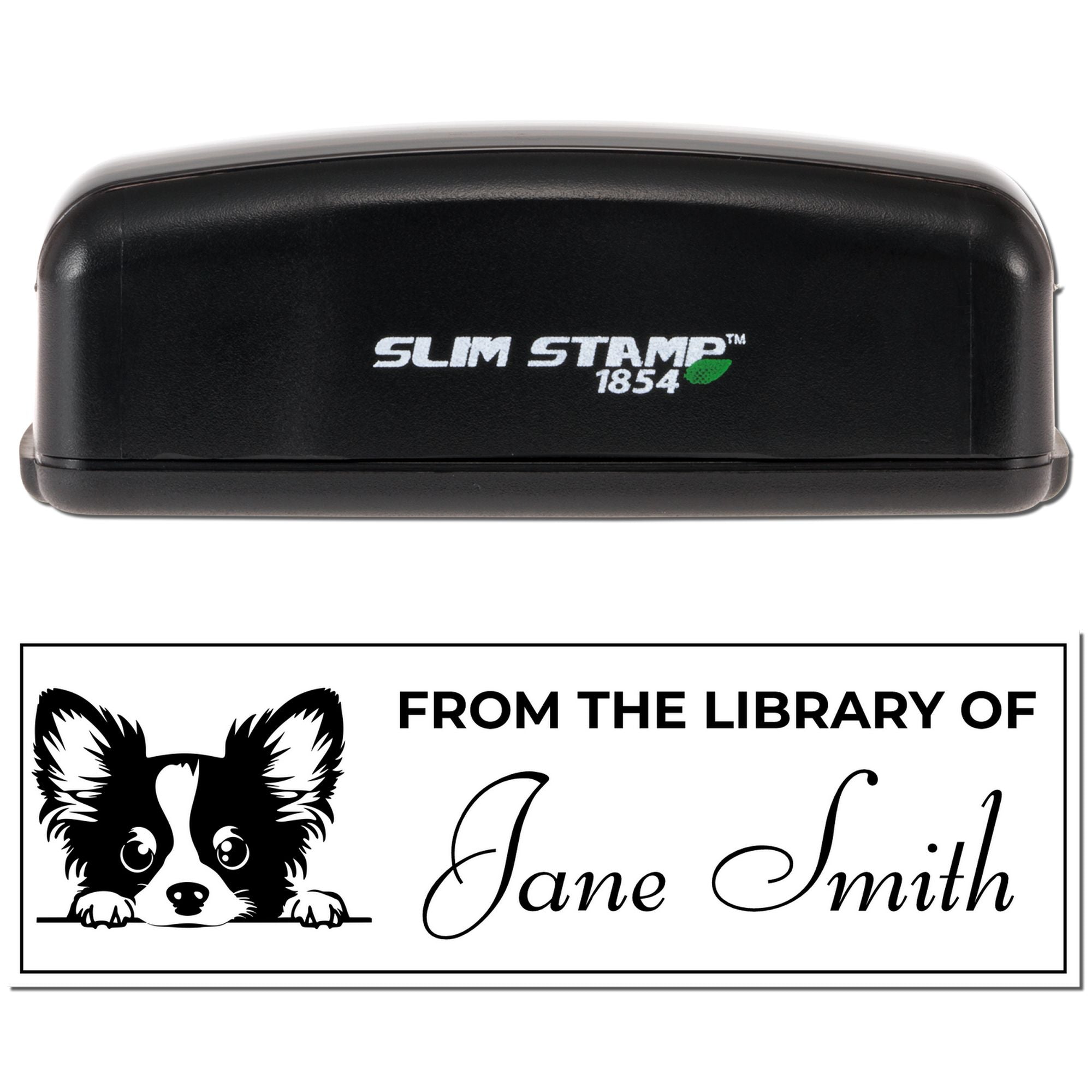 Slim Stamp 1854 self-inking rubber stamp for personalized library book labels, featuring a dog design and custom name.