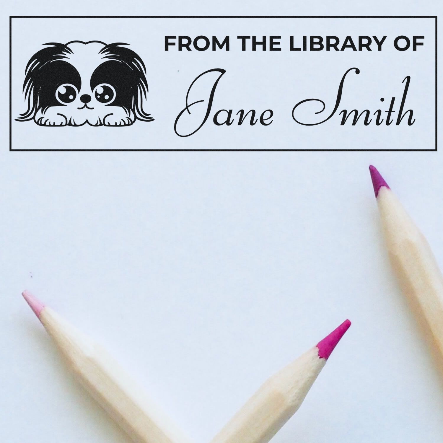 Custom library rubber stamp with dog illustration and From the Library of Jane Smith text for personalized books.