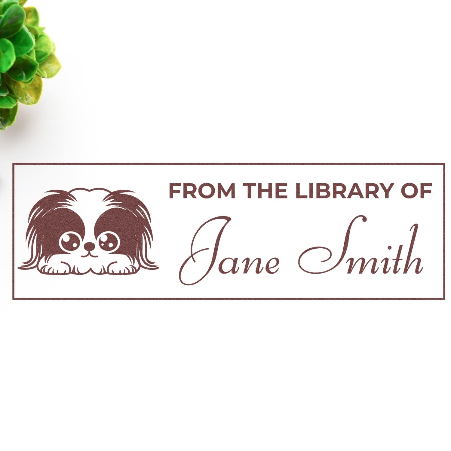 Custom library rubber stamp with dog illustration and From the Library of Jane Smith personalized bookplate design.