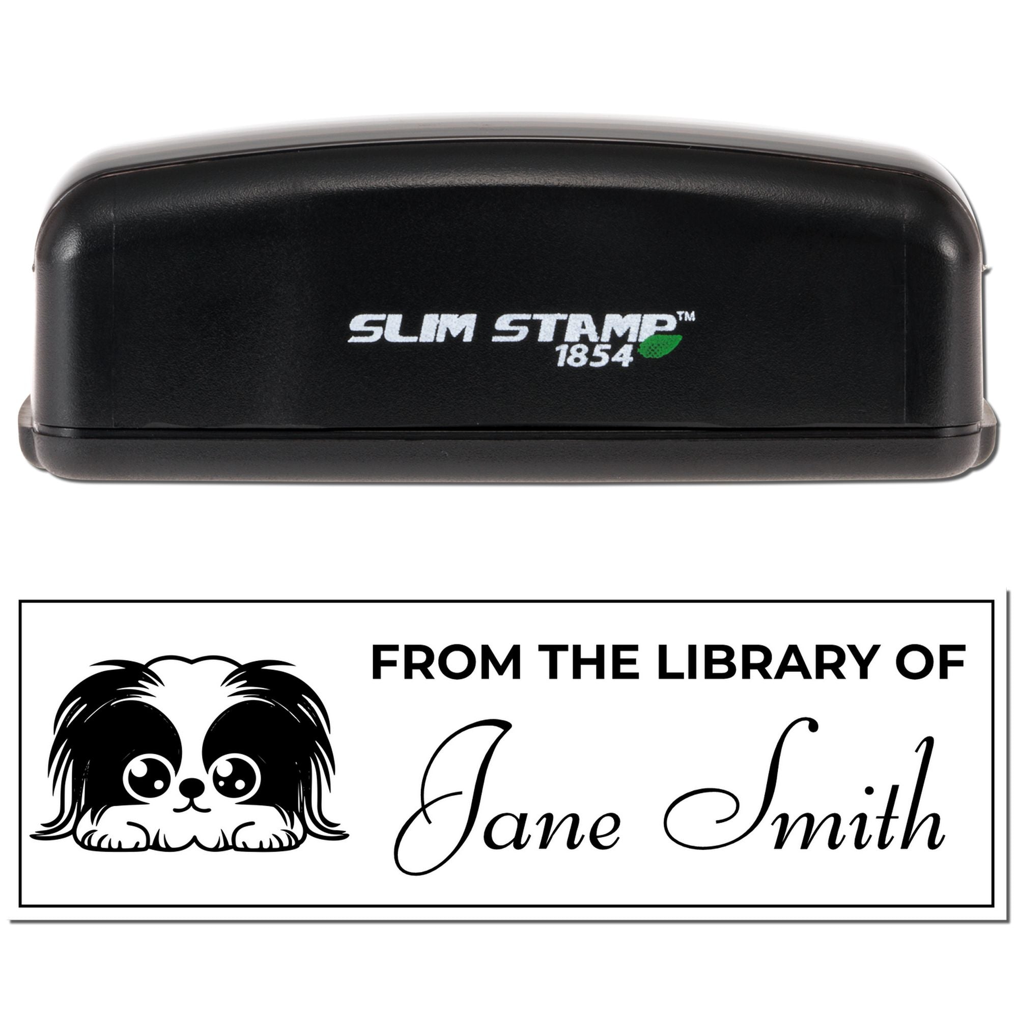 Slim Stamp 1854 self-inking custom library rubber stamp with dog design and From the Library of Jane Smith text.