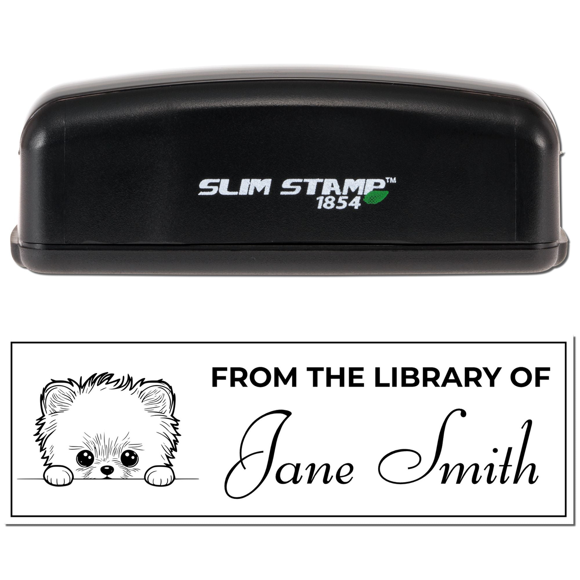 Custom self-inking library rubber stamp with dog design and personalized From the Library of Jane Smith imprint.