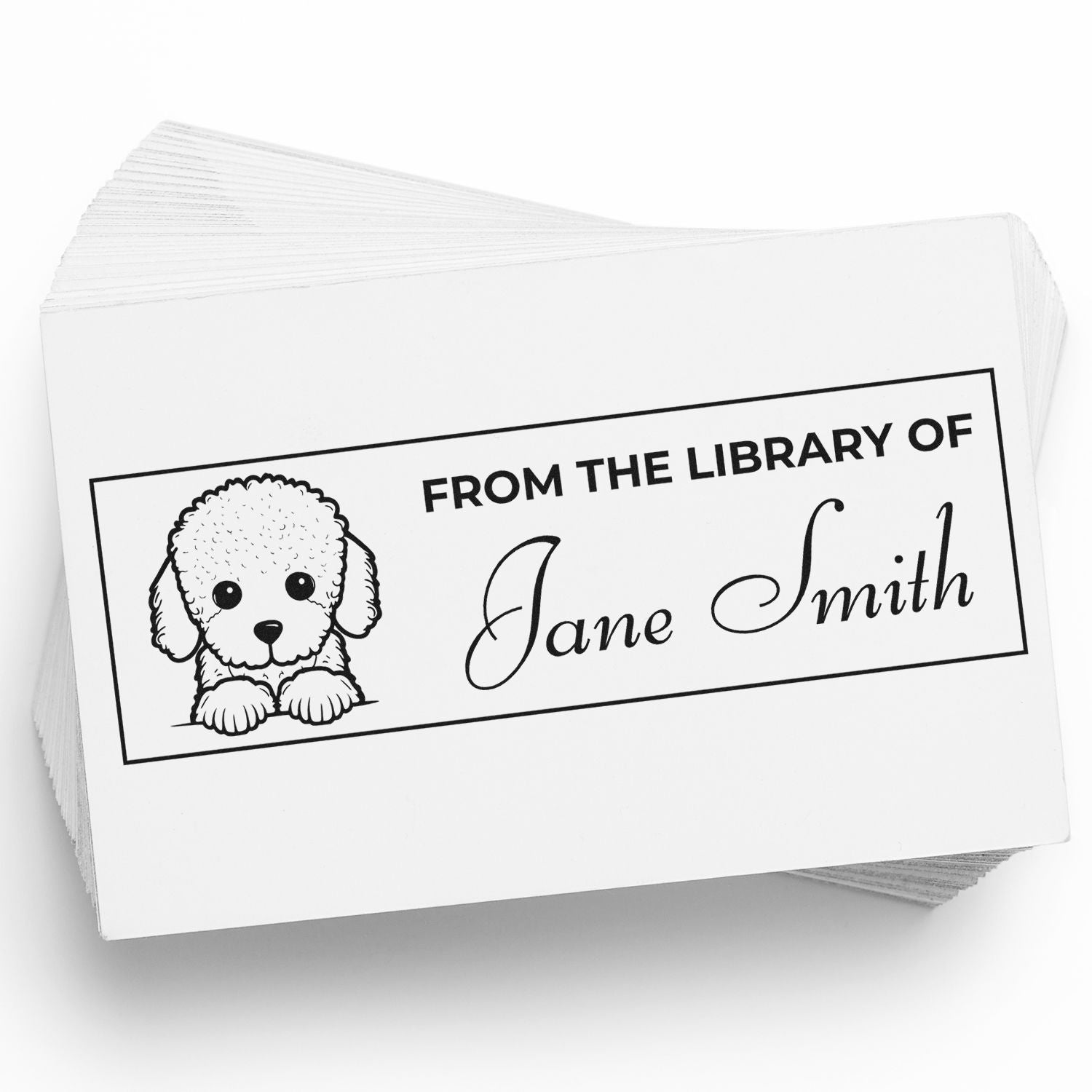 Custom "From the Library of Jane Smith" rubber stamp with dog illustration for personal book ownership and library marking.