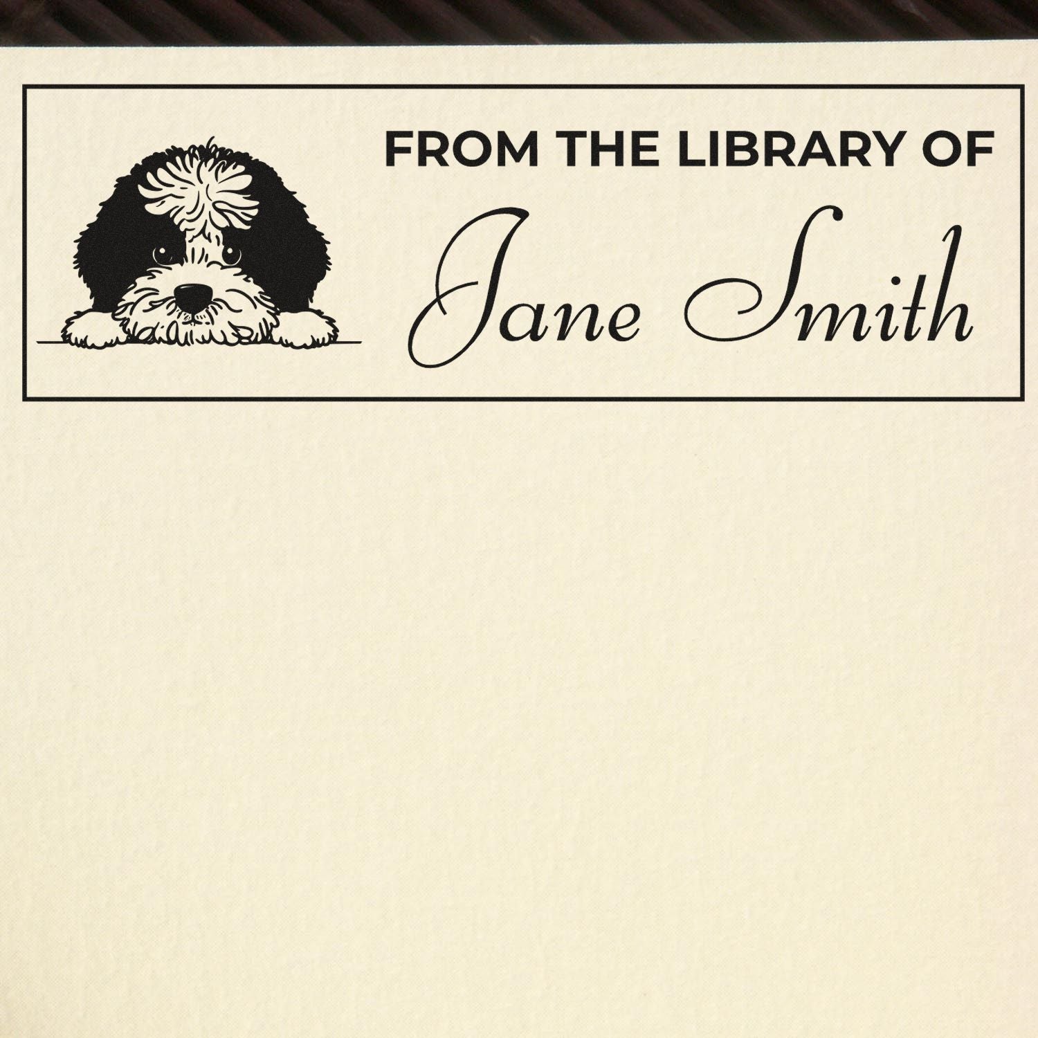 Custom From the Library of Jane Smith rubber bookplate stamp with dog illustration for personal library books.