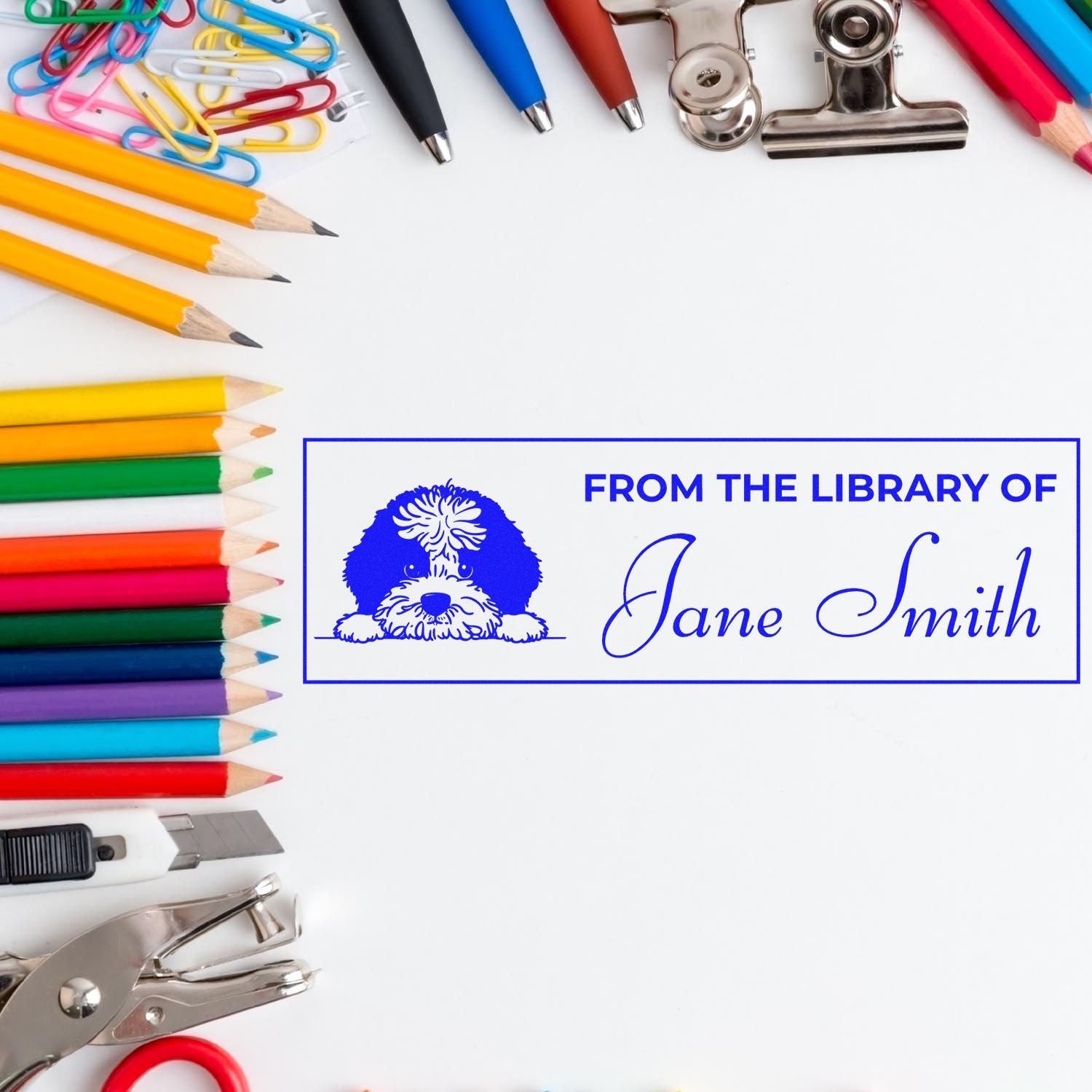 Personalized library rubber stamp with dog design and Jane Smith name, ideal for custom book ownership marking.