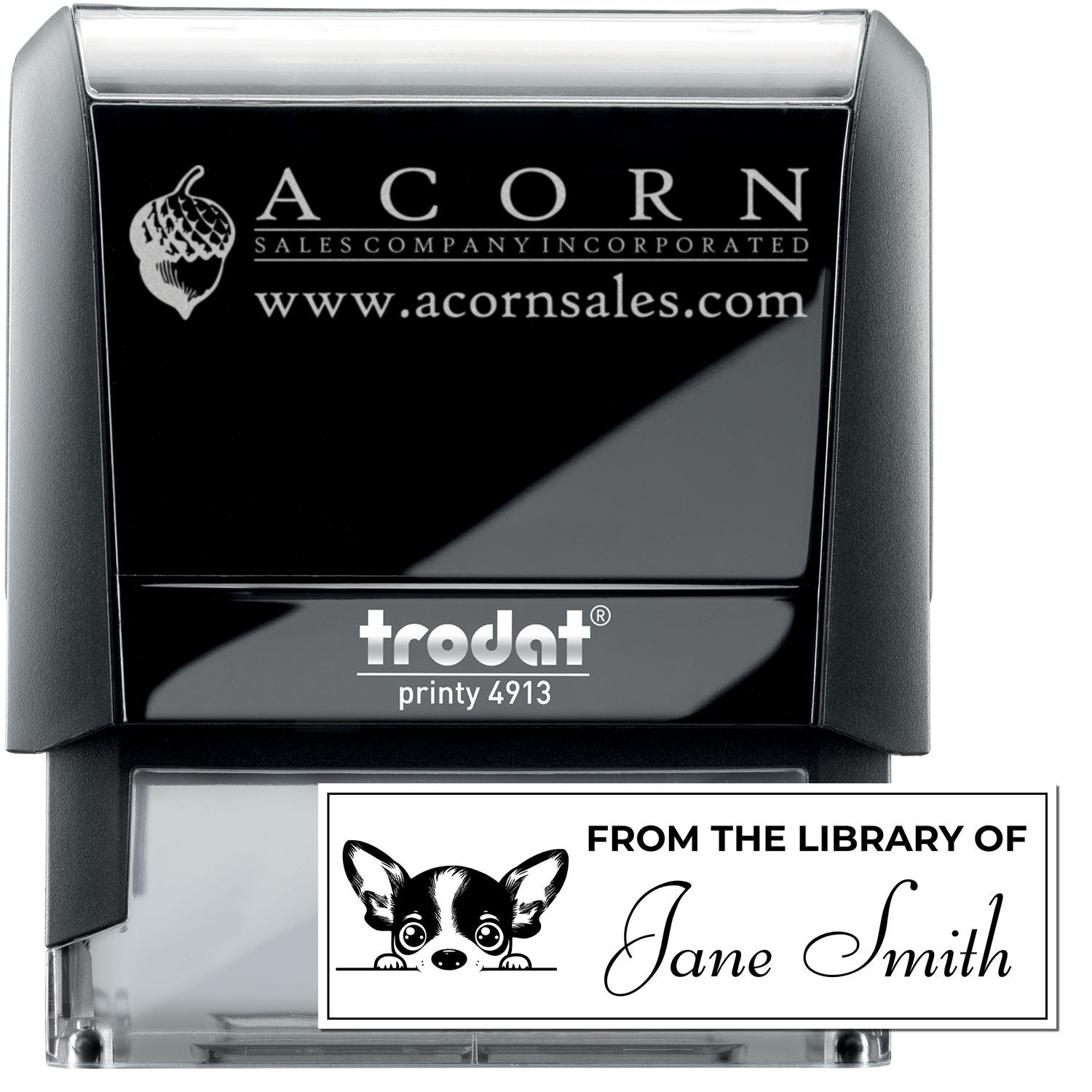 Self-inking custom rubber stamp with Acorn Sales logo and personalized From the Library of Jane Smith library stamp design.